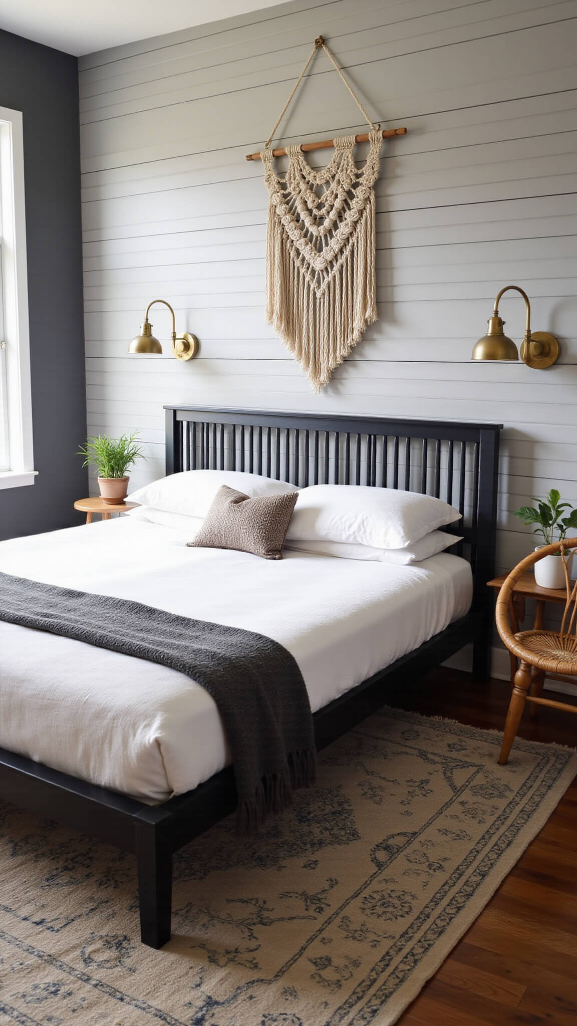 Contemporary primary bedroom with black spindle king bed, gray shiplap wall, brass sconces, boho decor, and ambient evening lighting.