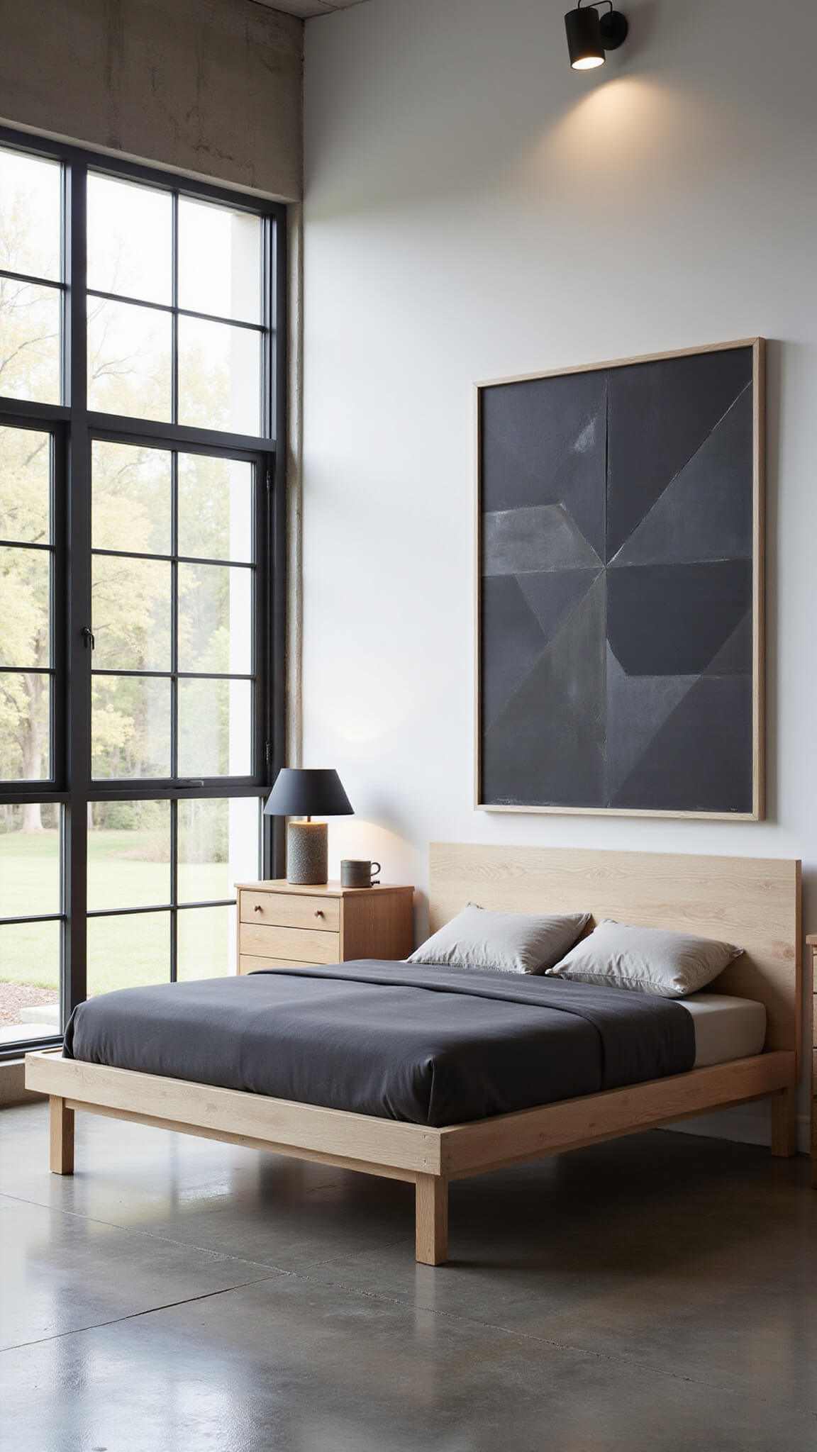 Minimalist 16x20ft bedroom with AllModern Florian king bed in oak and walnut, Danish modern accents, polished concrete floor, abstract art, and moody urban lighting.