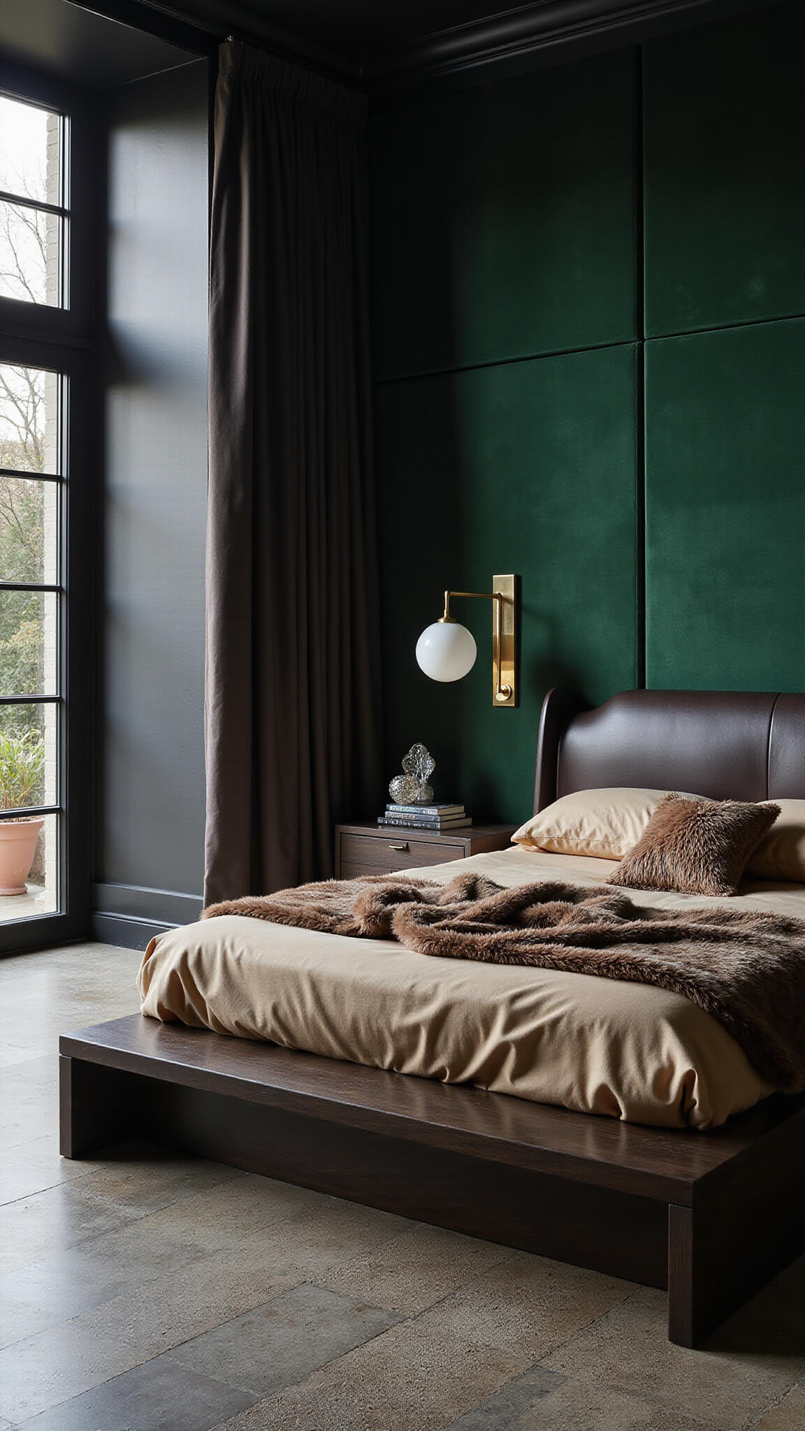 Luxurious moody bedroom with mid-century king bed in ebonized oak, emerald green velvet accent wall, champagne silk bedding, fur throws, brass and crystal accents, dusk light through black-framed windows.