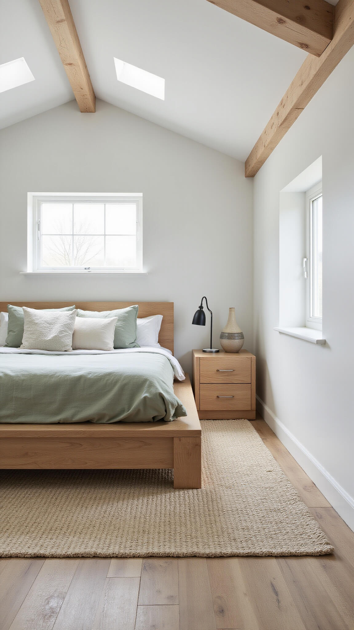 Light-filled Nordic-inspired bedroom with cathedral ceilings, white oak platform king bed, sage green linens, and handwoven rug.
