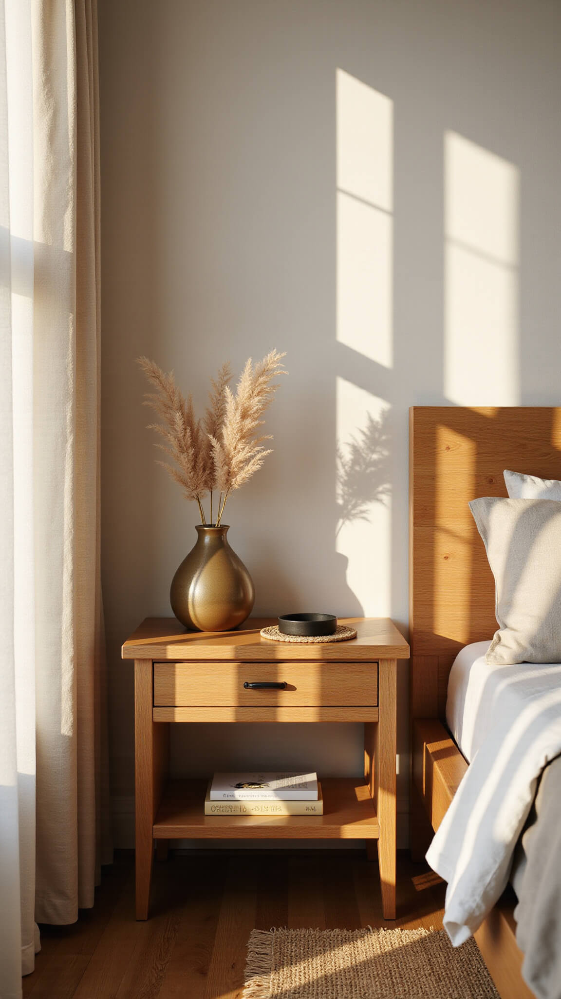 Minimalist bedroom corner with oak nightstand, pampas grass, brass lamp, and soft golden hour lighting through linen curtains.