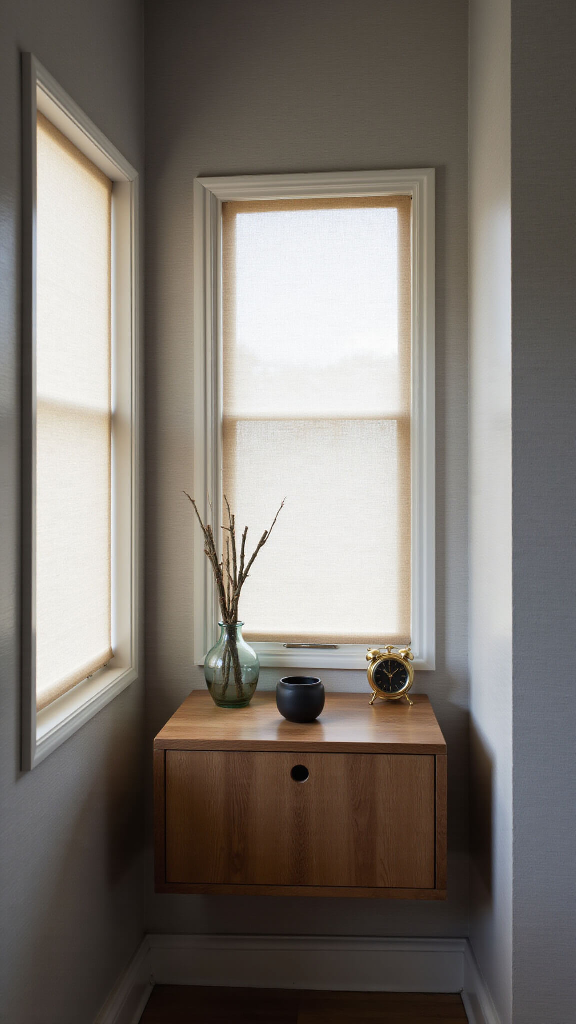 Intimate guest bedroom alcove with dawn light through rice paper screens, modern walnut nightstand, ceramic tea set, bamboo reed, and brass clock against textured grey wallpaper.