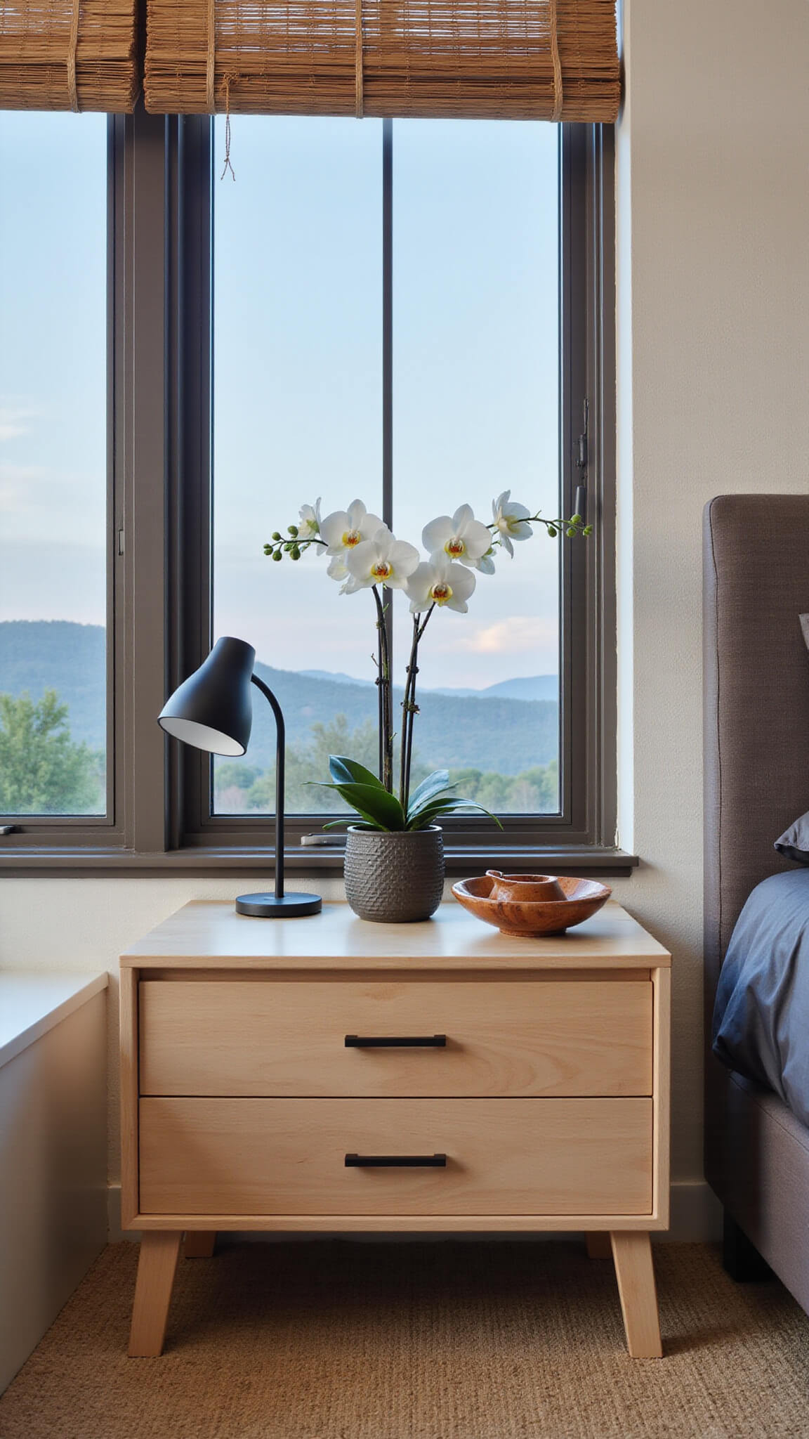 Corner of a serene master bedroom with bleached maple nightstand, orchid in ceramic pot, black reading lamp, and bamboo blinds during blue hour.