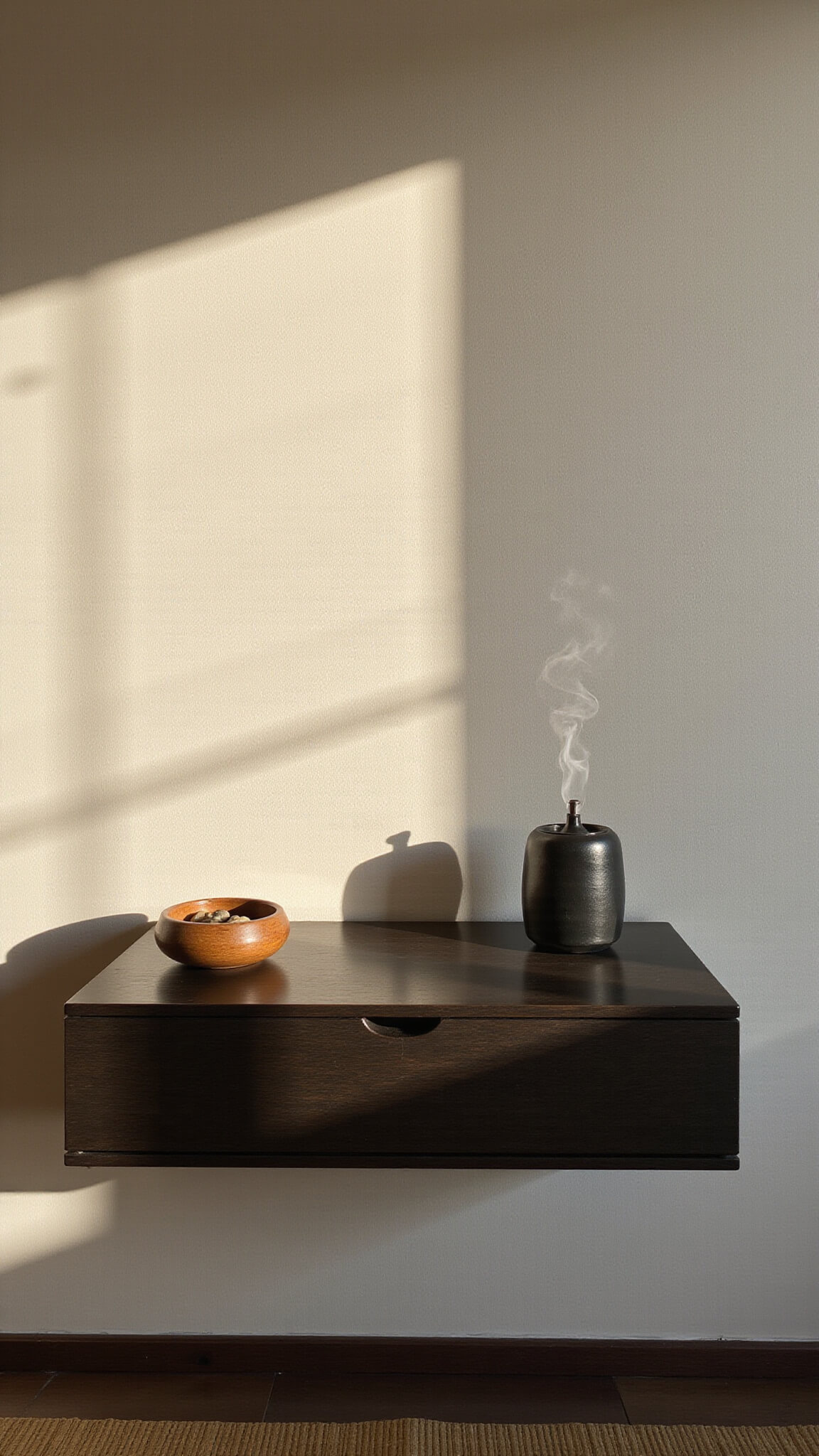 Late afternoon light casting soft shadows in a serene meditation room with a blackened oak floating nightstand, ceramic incense burner, river stones in a wooden bowl, paper scroll in black holder, and tatami mat on the floor.