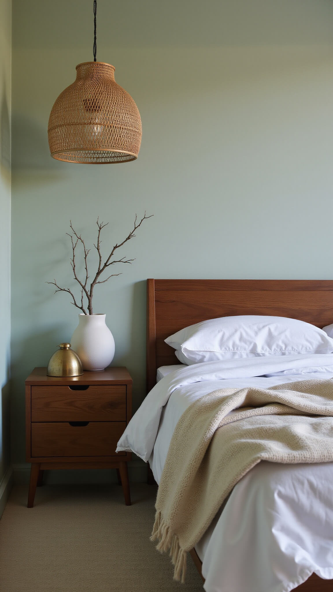 Minimalist sage green bedroom with teak nightstand, ceramic vessel, brass bell, wool throw, and rattan pendant light casting shadows at dusk.