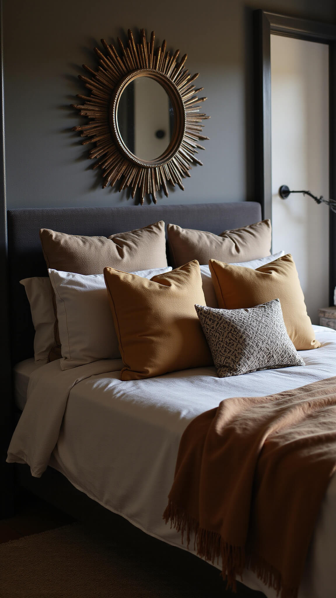 Moody dusk-lit 10x12ft bedroom with California king bed in neutral luxury linens, bold graphic pillows, vintage sunburst mirror, and dramatic uplighting, highlighting rich textures and tonal layers.