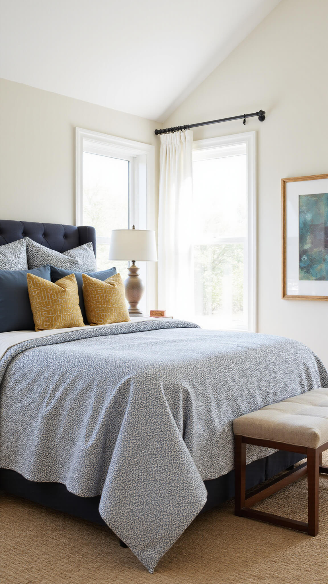 Sunlit primary bedroom with vaulted ceiling, featuring a patterned bedspread, solid sheets, geometric shams in slate blue, mustard, and ivory, and a Nelson bench at the foot of the bed.