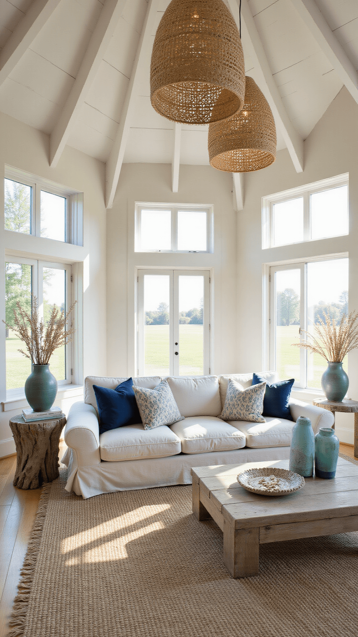 Sunlit coastal-style living room with vaulted ceilings, cream linen sofa, driftwood tables, jute rugs, indigo pillows, and floor-to-ceiling windows at golden hour.