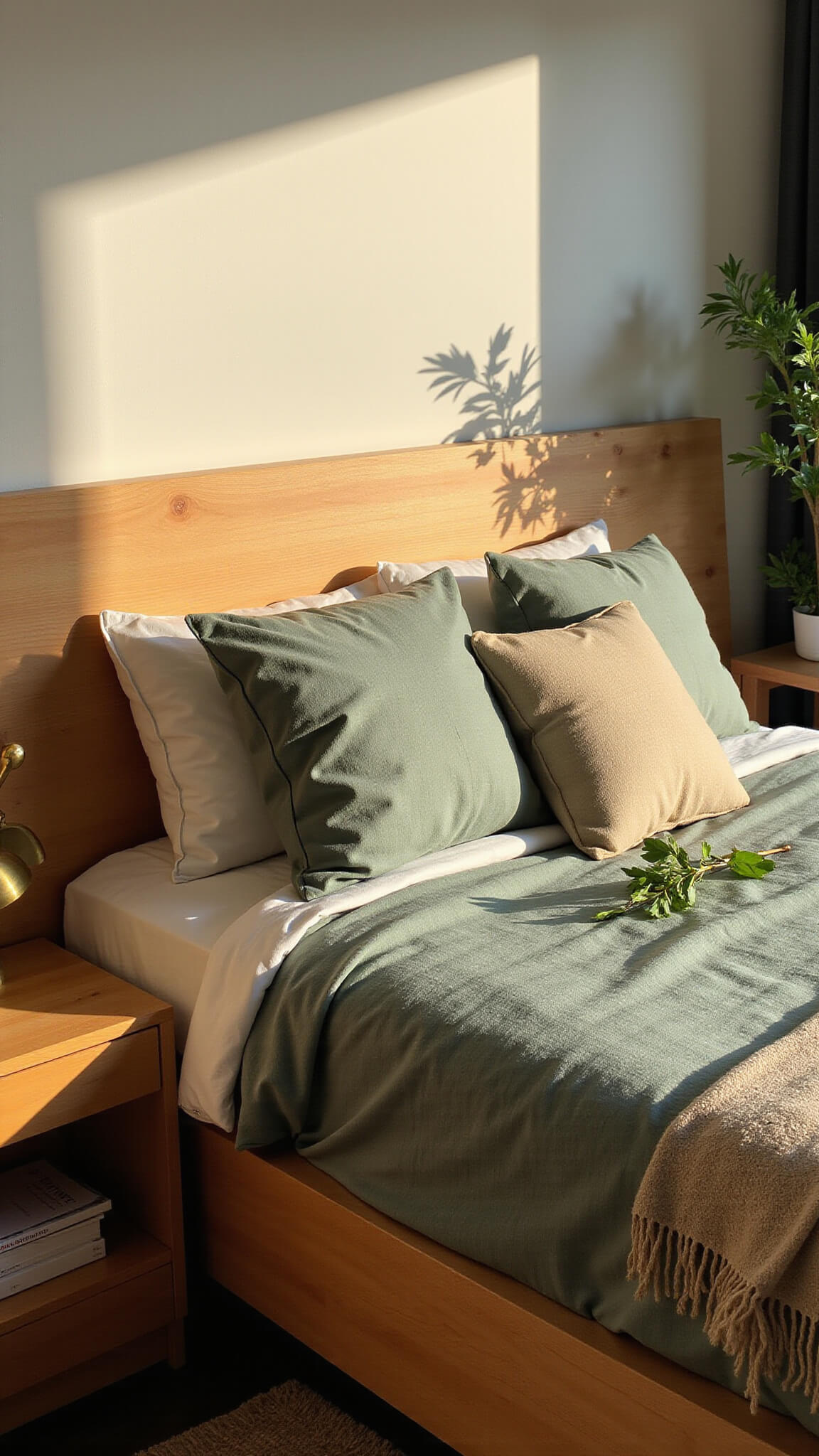 Golden hour light fills a 12x14ft guest bedroom with a floating maple platform bed, sage green linen bedding, mudcloth pillows, trailing plants, and warm brass accents.