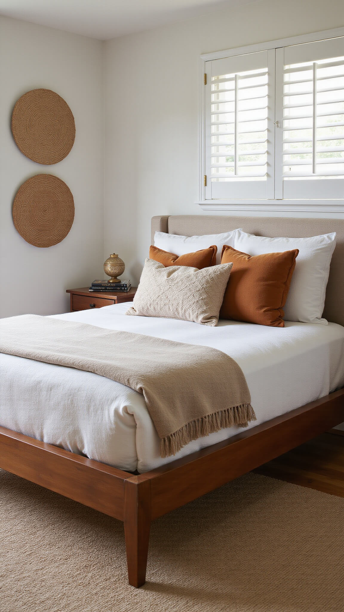 Modern 15x17ft bedroom with Fair Trade Certified™ acacia wood bed, neutral layered bedding, earth-tone handcrafted pillows, woven textile art, and afternoon light casting shadows through plantation shutters.