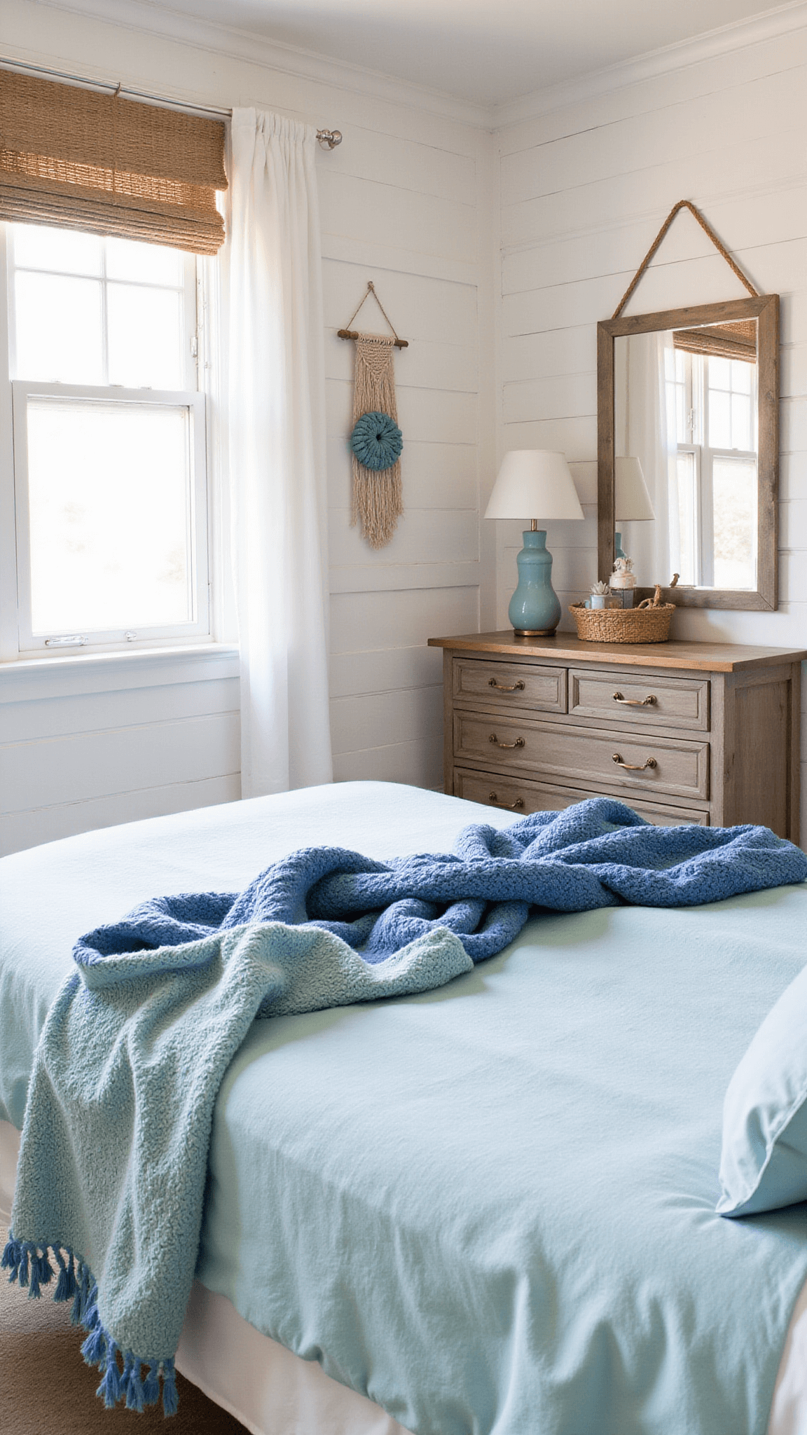 Cozy coastal bedroom at dawn with pale aqua linen bedding, textured throw, and whitewashed shiplap walls in soft natural light.