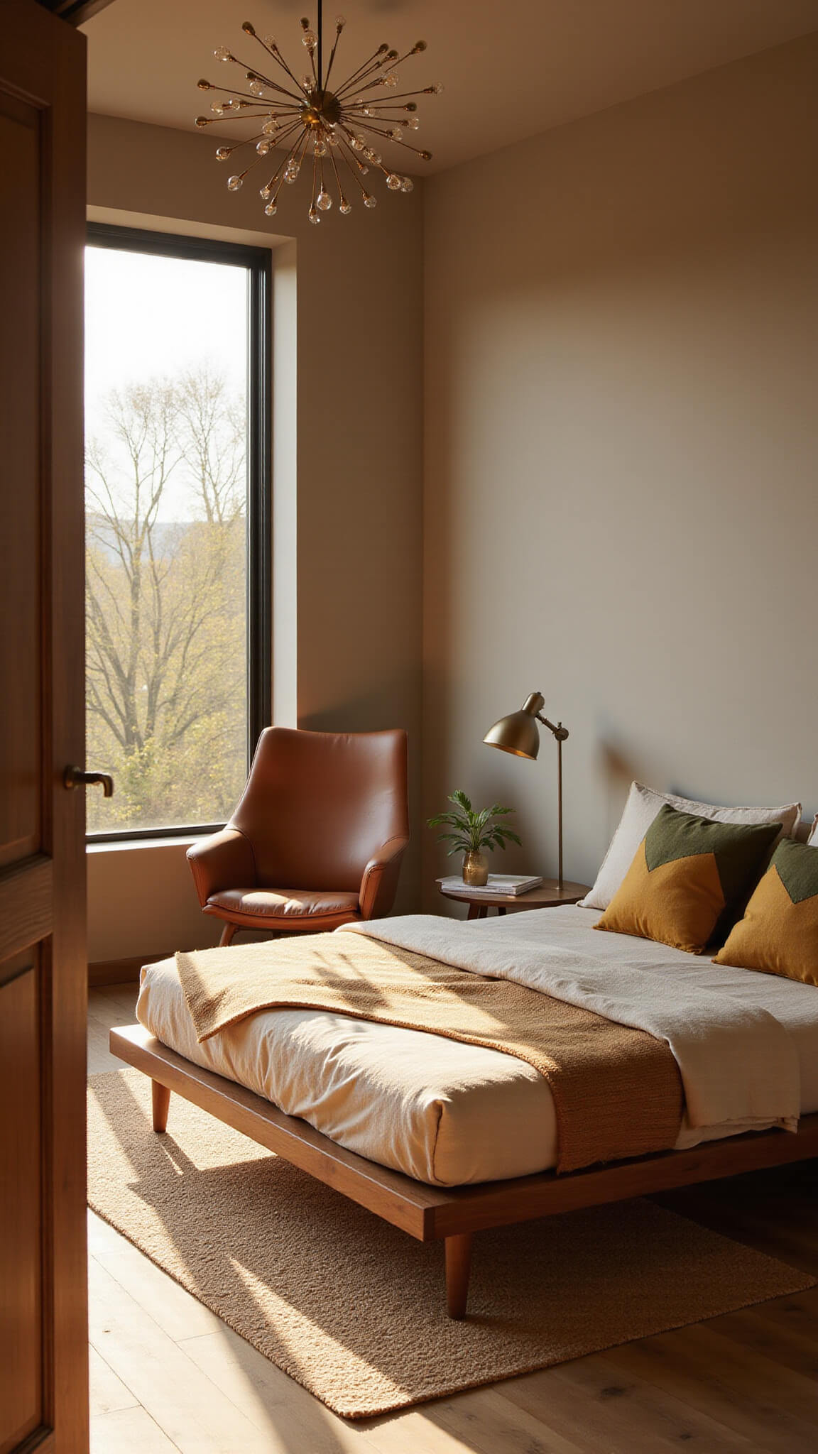 Sunlit 14x16ft bedroom with walnut platform bed, cognac leather chair, brass sputnik chandelier, and layered neutral textures.
