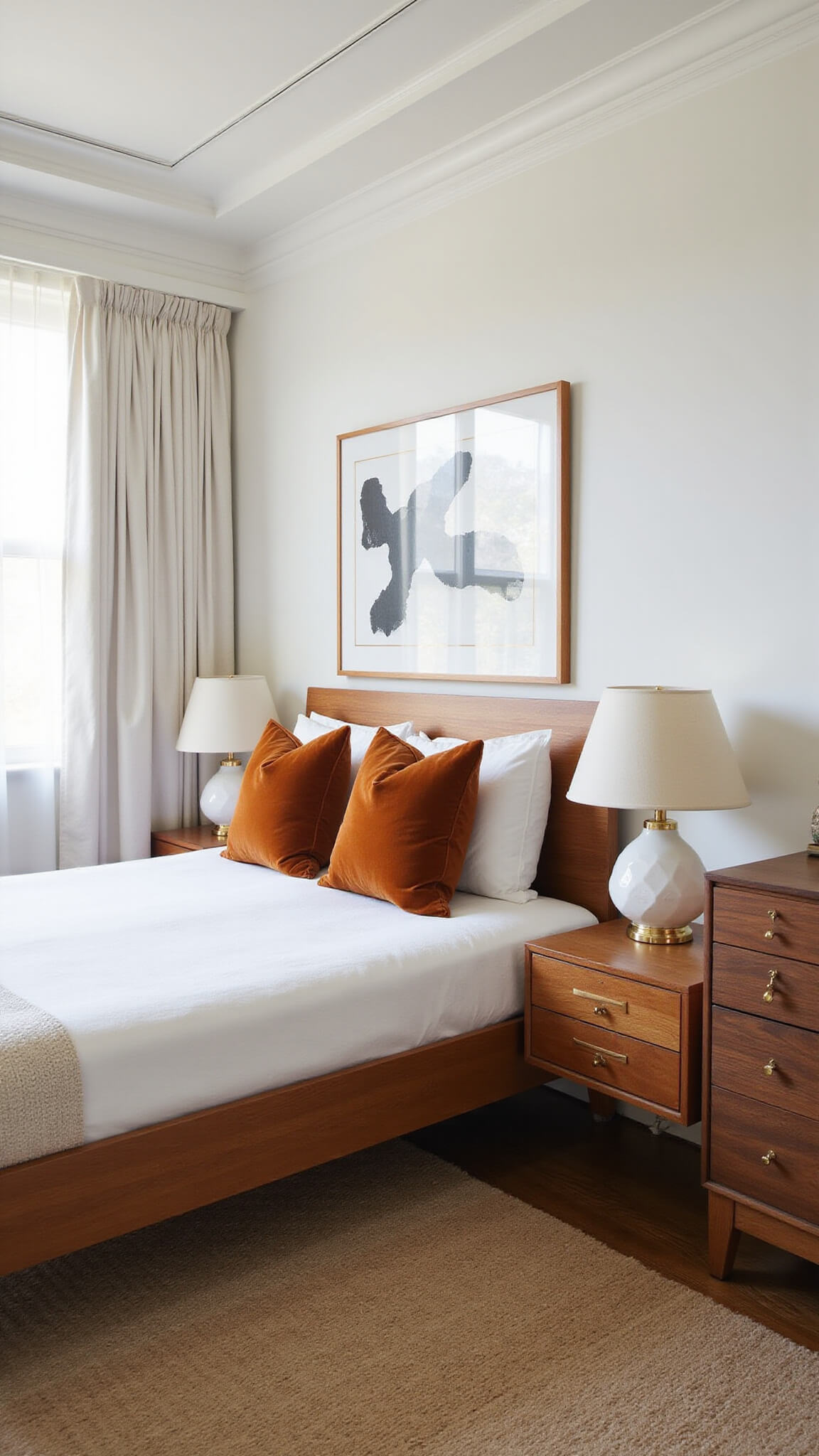 Sunlit bedroom with teak bed, burnt orange accents, and tray ceiling; viewed from corner showing white curtains, velvet pillows, abstract art, and walnut dresser.