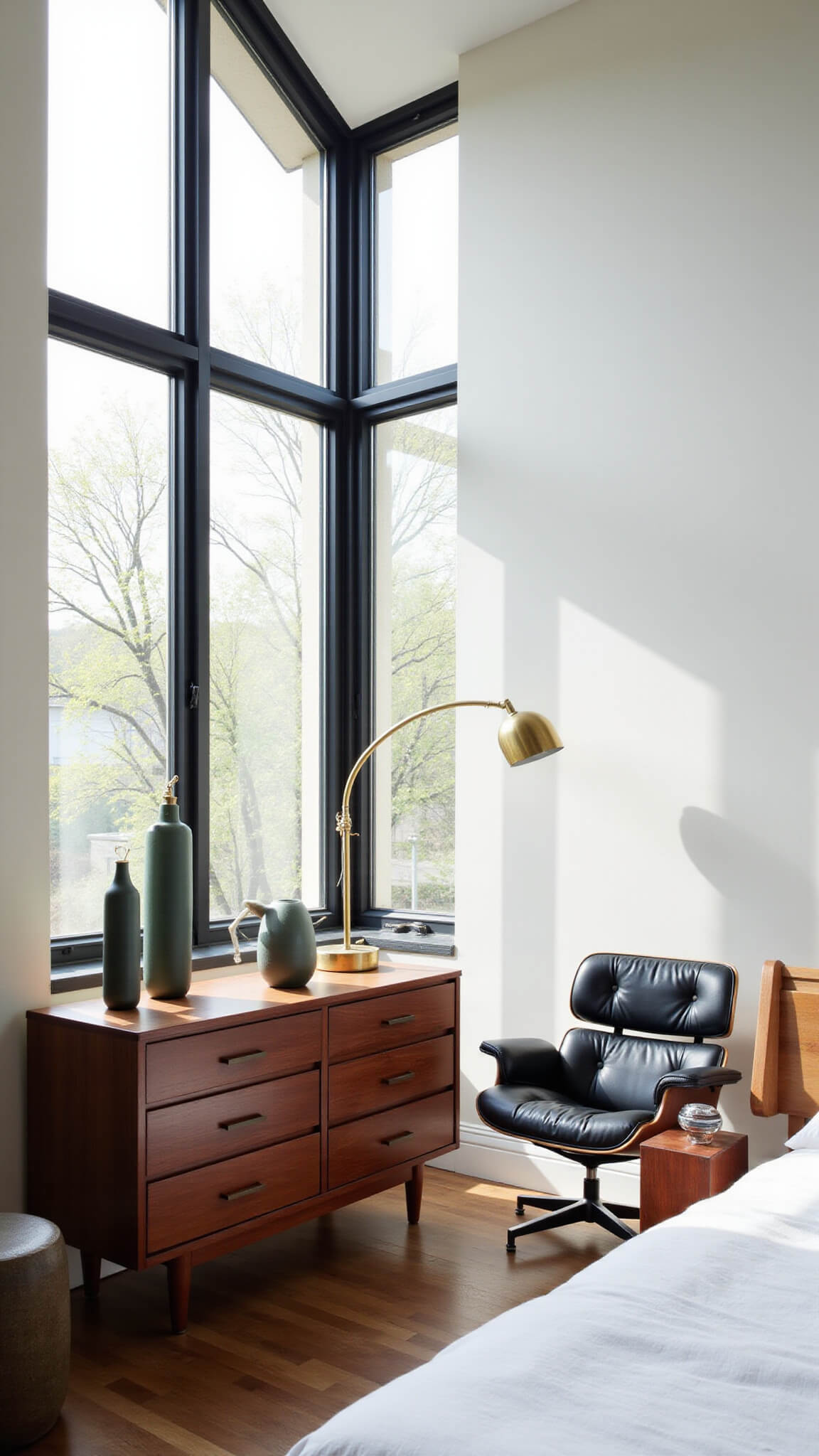 Light-filled corner bedroom with floor-to-ceiling windows, Danish modern rosewood dresser, tufted camel leather bed, Eames lounge chair under brass arc lamp, and strong afternoon shadows.