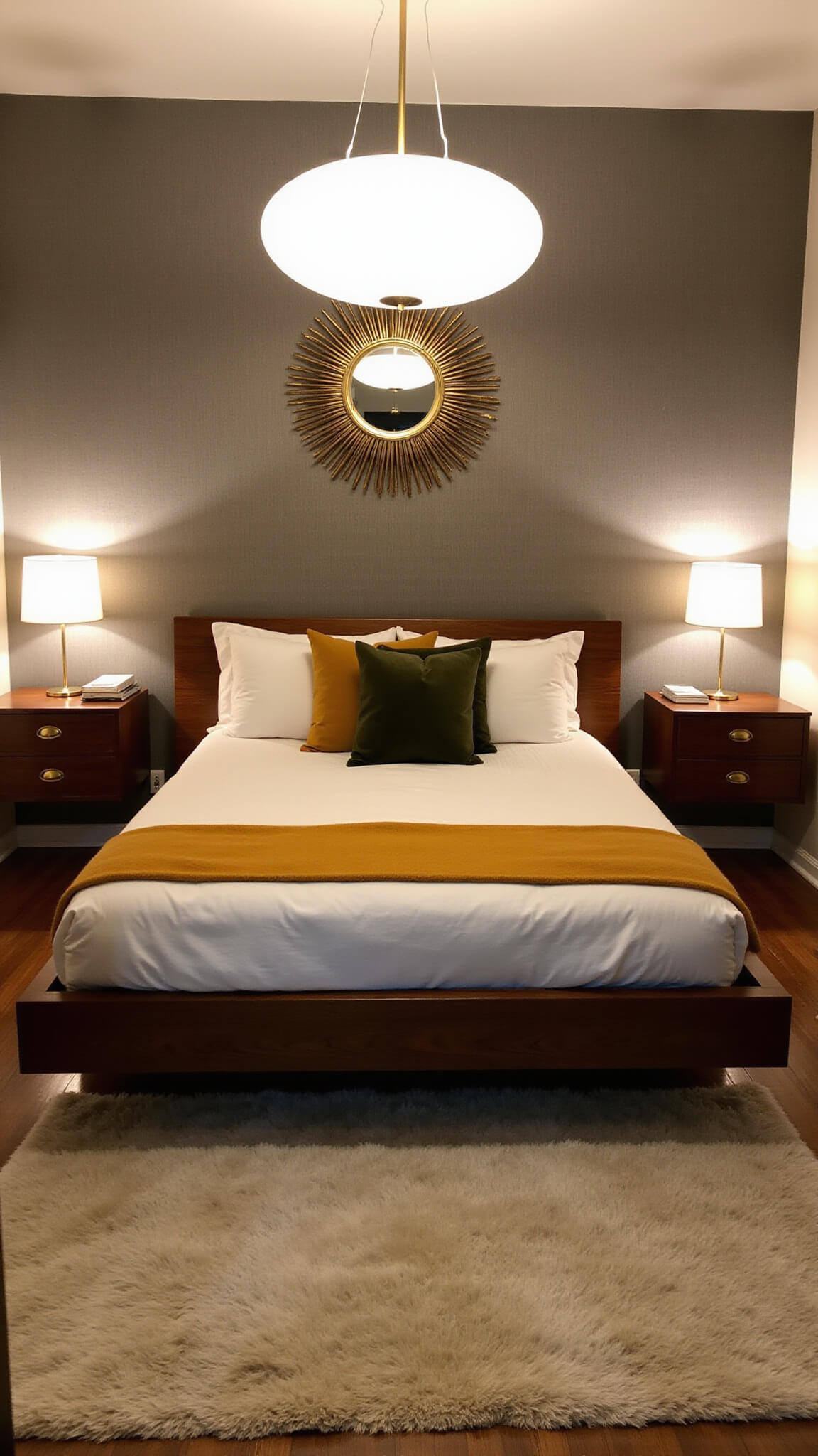 Cozy 12x12ft bedroom at dusk with Nelson bubble pendant lamp, walnut platform bed, grasscloth accent wall, floating nightstands, layered textiles, and brass sunburst mirror.
