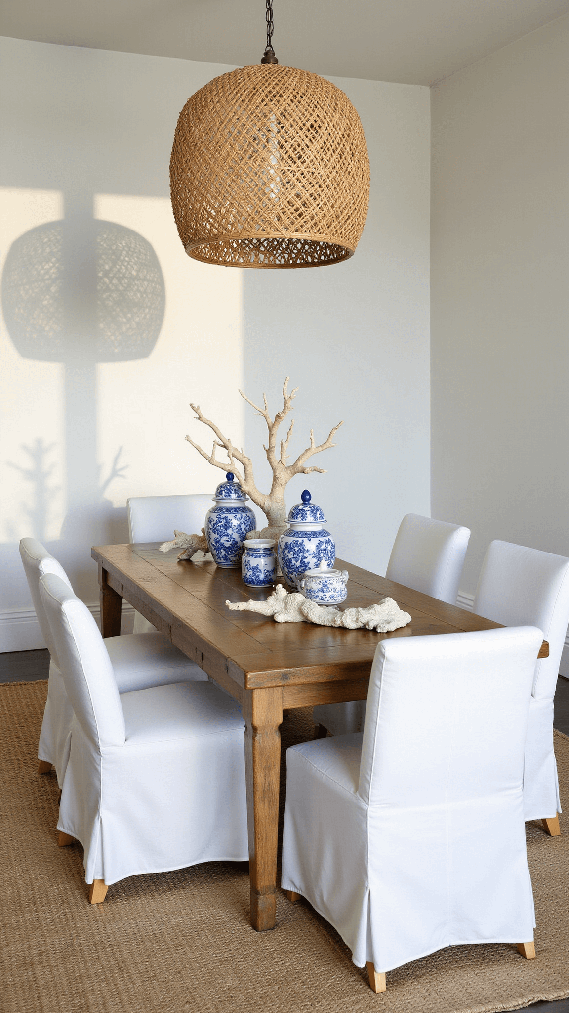 Aerial view of bright 15x18ft dining space with reclaimed teak table, white slip-covered chairs, rattan pendant, and coastal-style decor on a sisal rug.