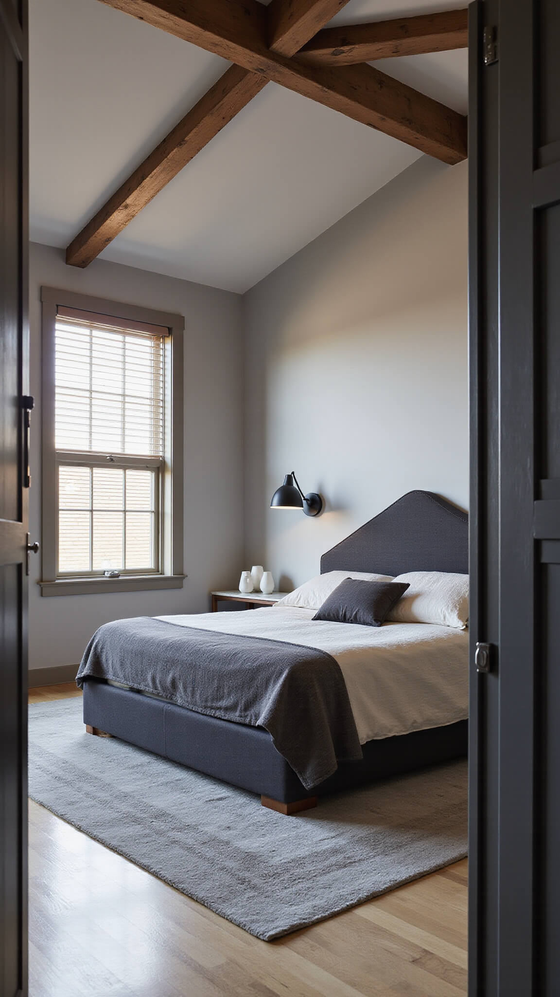 Modern 15x20ft bedroom with exposed beam ceiling, dramatic morning light through slatted windows, charcoal linen statement bed, twin Mouille-style sconces, pewter silk rug, walnut and marble side tables, and matte white ceramic vessels.