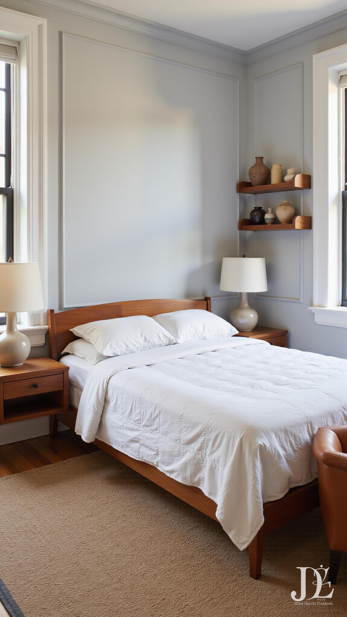 Sunlit 16x16ft corner bedroom with sculptural teak bed, floating nightstands, pale gray walls, jute rug, quilted white bedding, cognac leather chair, and floating shelves with mid-century pottery.