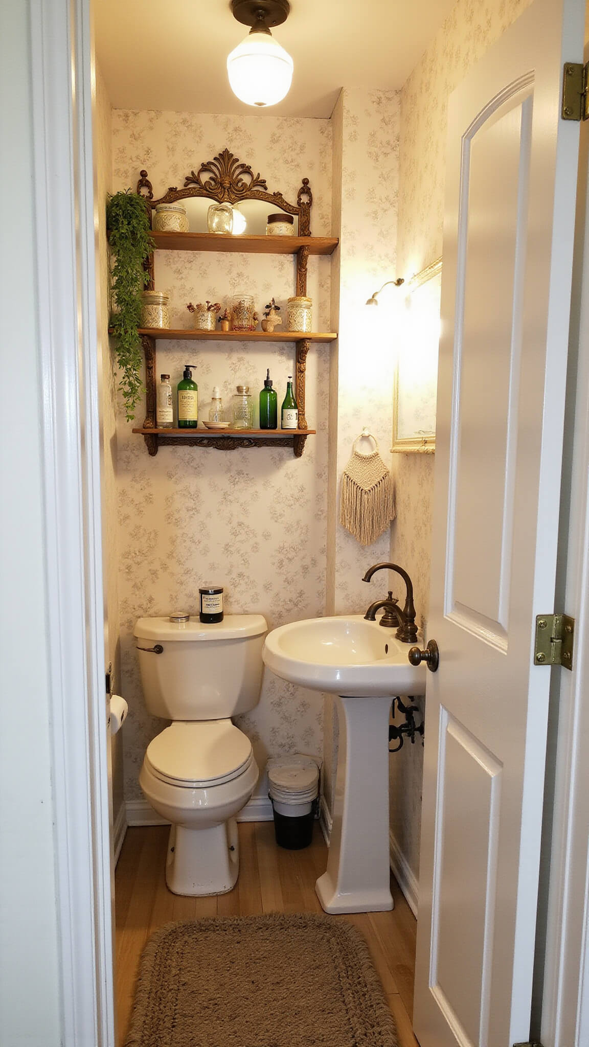 Cozy 6x7ft bohemian bathroom with pedestal sink, ornate brass mirror, wildflower wallpaper, vintage apothecary bottles on reclaimed wood shelves, macramé wall hanging, wool rug, and oil-rubbed bronze fixtures.