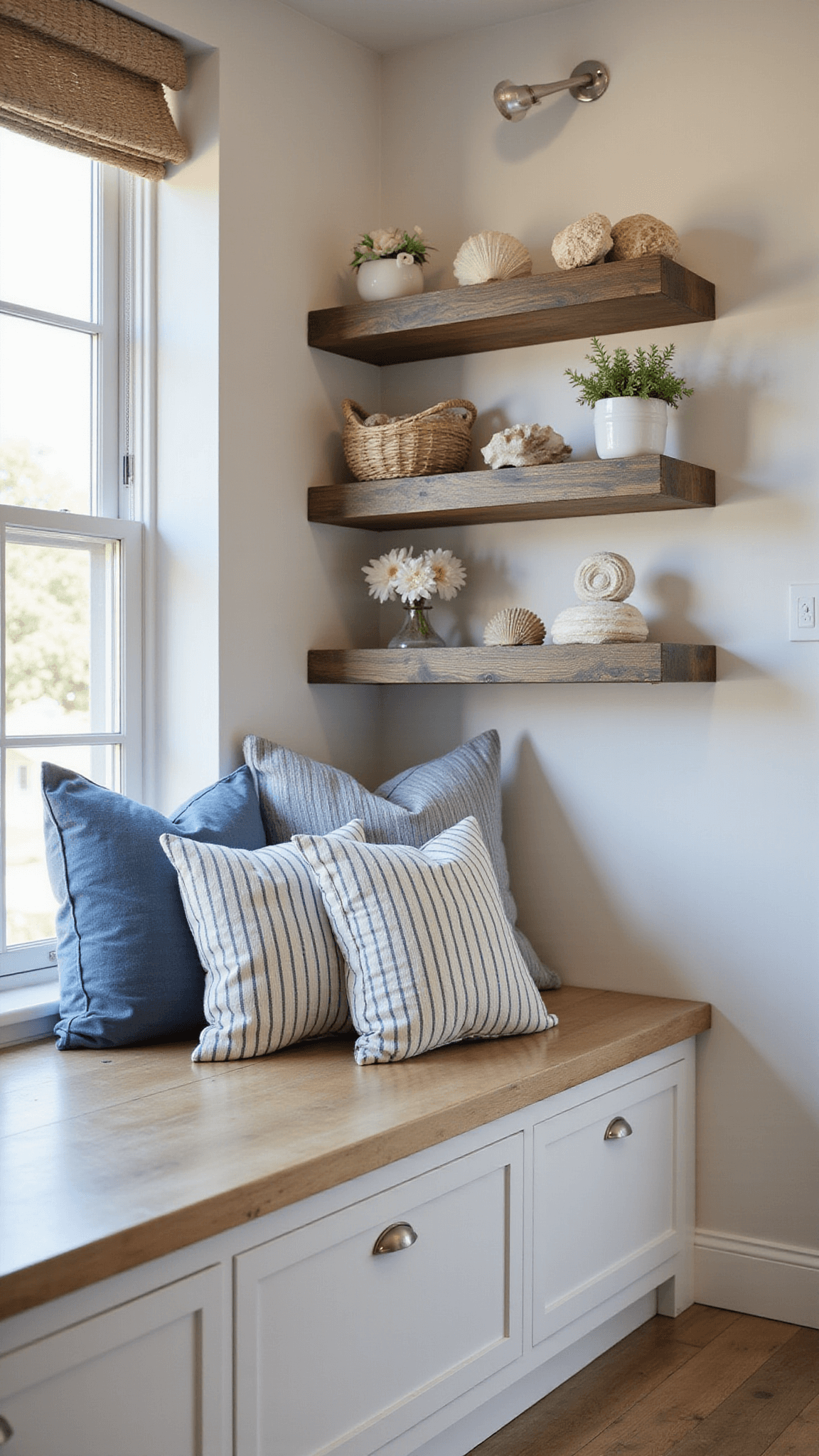 Cozy 10x12ft reading nook at blue hour with built-in window seat, coastal cushions, oak shelves with sea-themed decor, and warm pendant lighting.