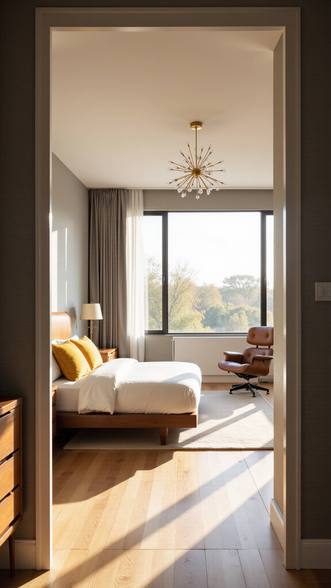 Mid-century modern bedroom with walnut platform bed, Eames lounge chair, and golden hour sunlight through floor-to-ceiling windows.