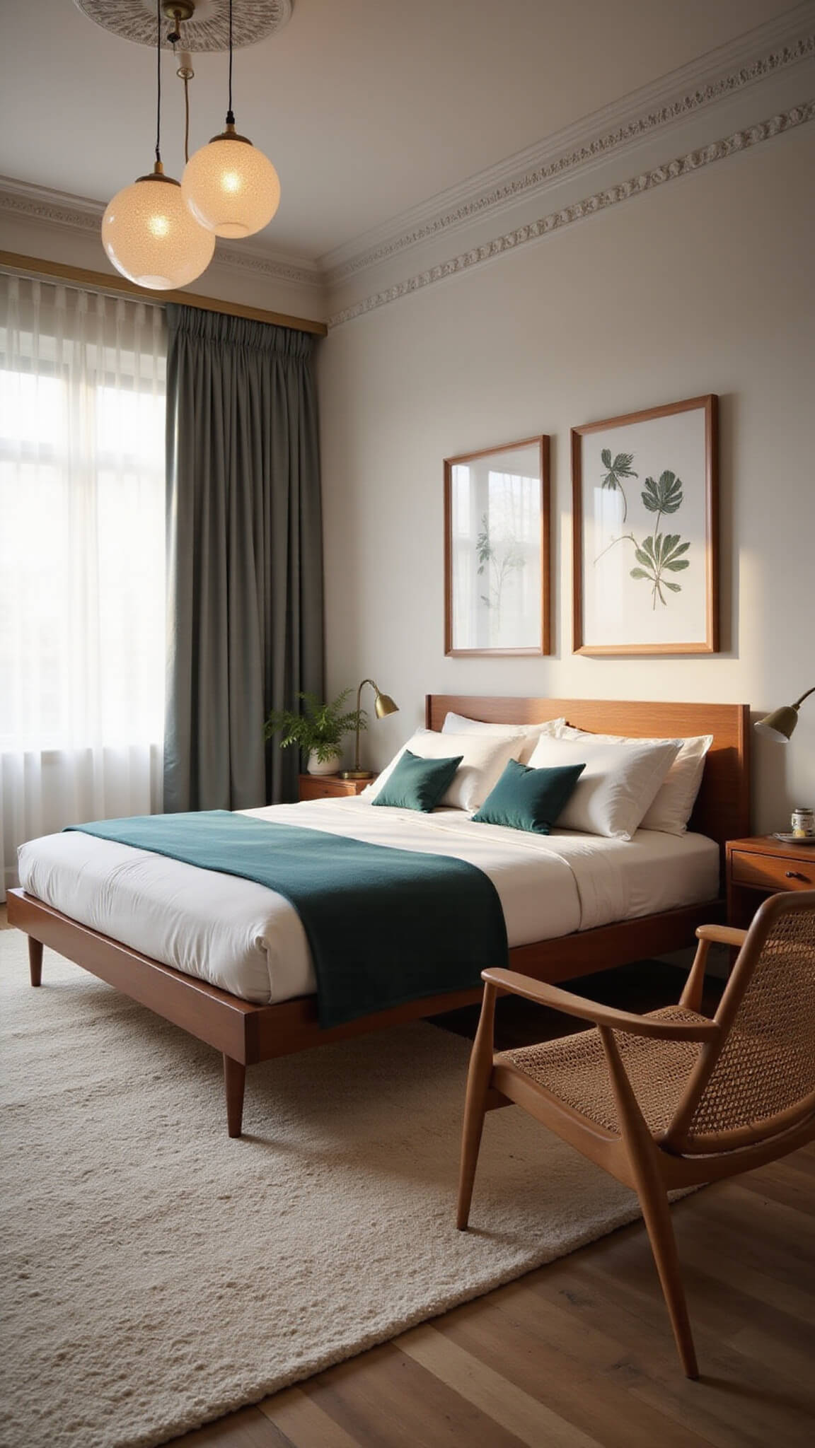 Low-angle view of cozy 12x12ft bedroom at dawn with floating teak bed, bubble lamp casting shadows, layered textures, and warm wood and deep teal accents.