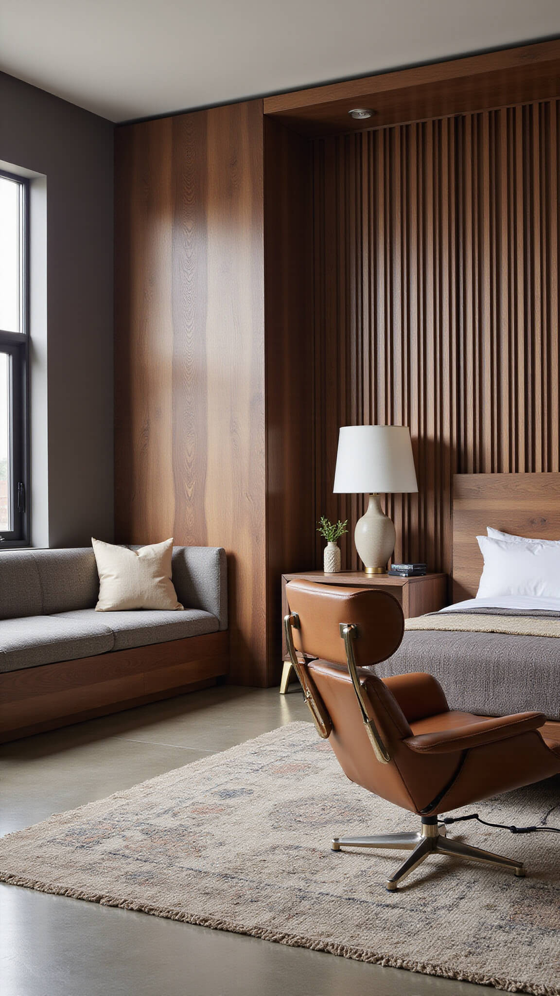 Sophisticated 15x18ft primary bedroom at dusk with wood slat statement wall, curved window bench, walnut platform bed, ceramic lamps, Moroccan rug, and Barcelona chair.