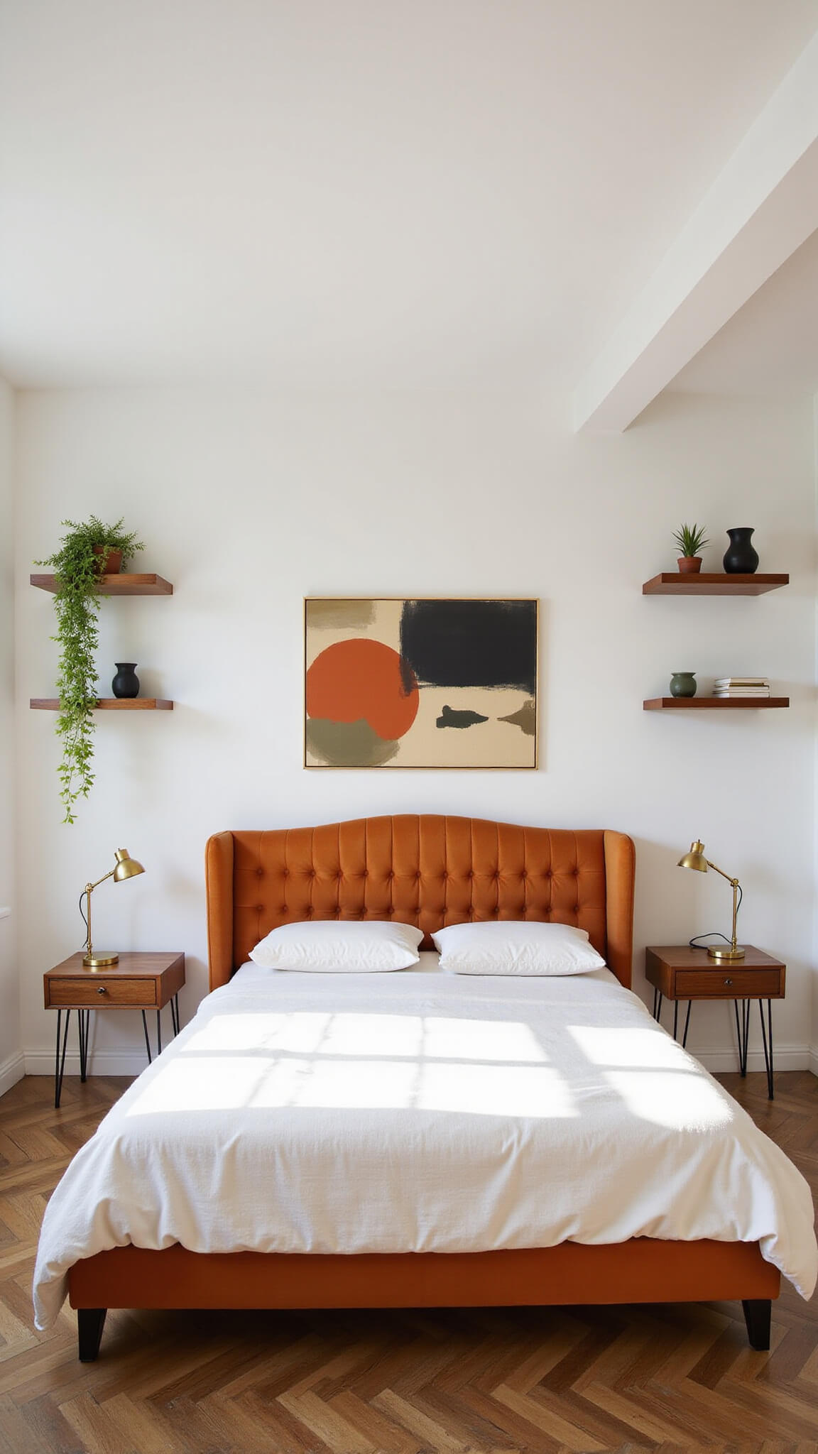 Mid-morning sunlit bedroom with channel-tufted velvet headboard, minimalist brass lamps on hairpin-leg bedside tables, floating shelves with mid-century decor and plants, abstract art, and warm beige, burnt orange, and matte black accents.