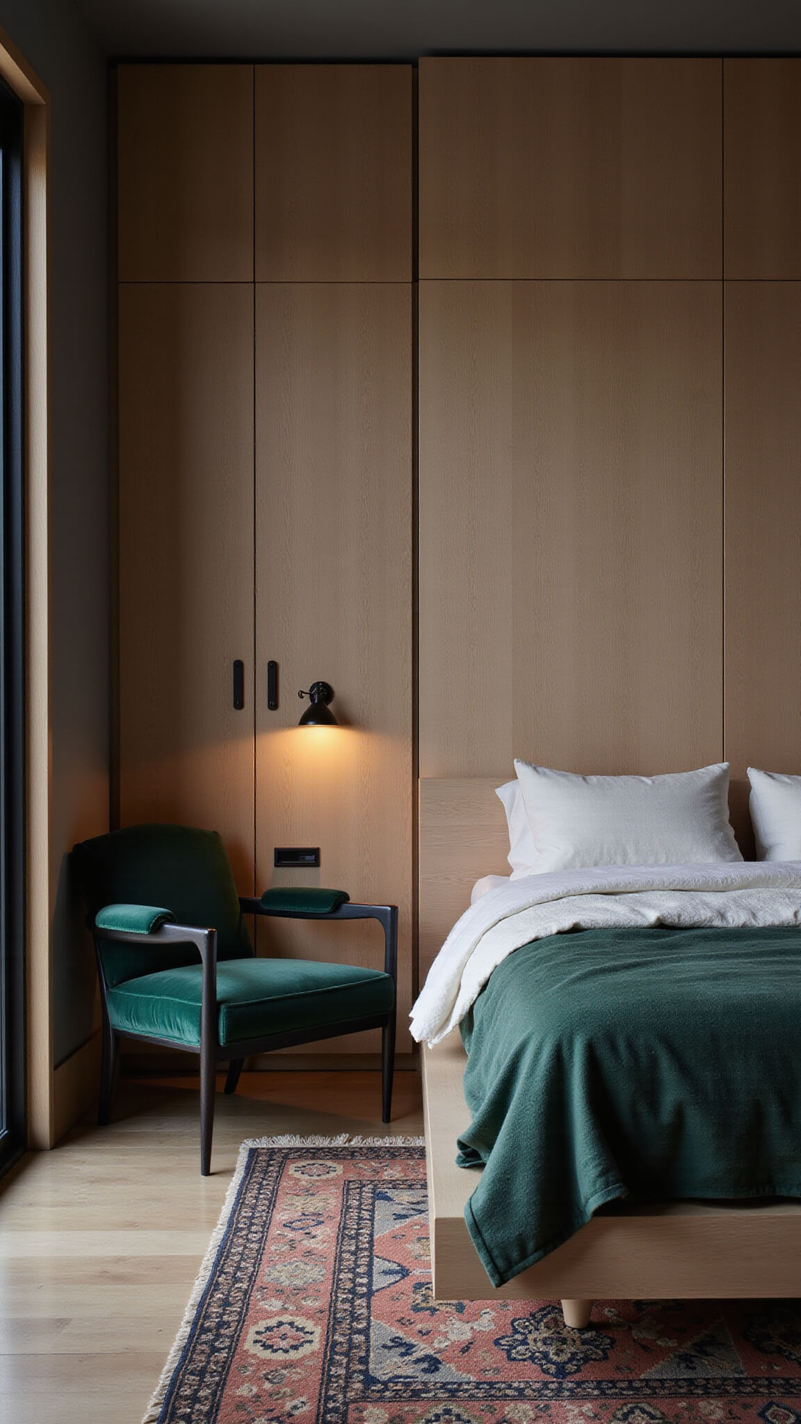 Moody evening bedroom with ambient lighting, platform bed, Serge Mouille sconces, geometric rug, emerald velvet chair, and built-in wardrobes.