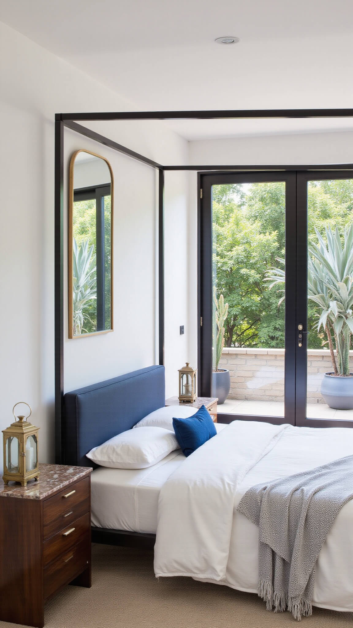 Modern 14x16ft bright corner bedroom with black canopy bed, sliding glass doors to balcony, mixed-material nightstands, brass-framed mirror, and a palette of white, wood, and deep blue.