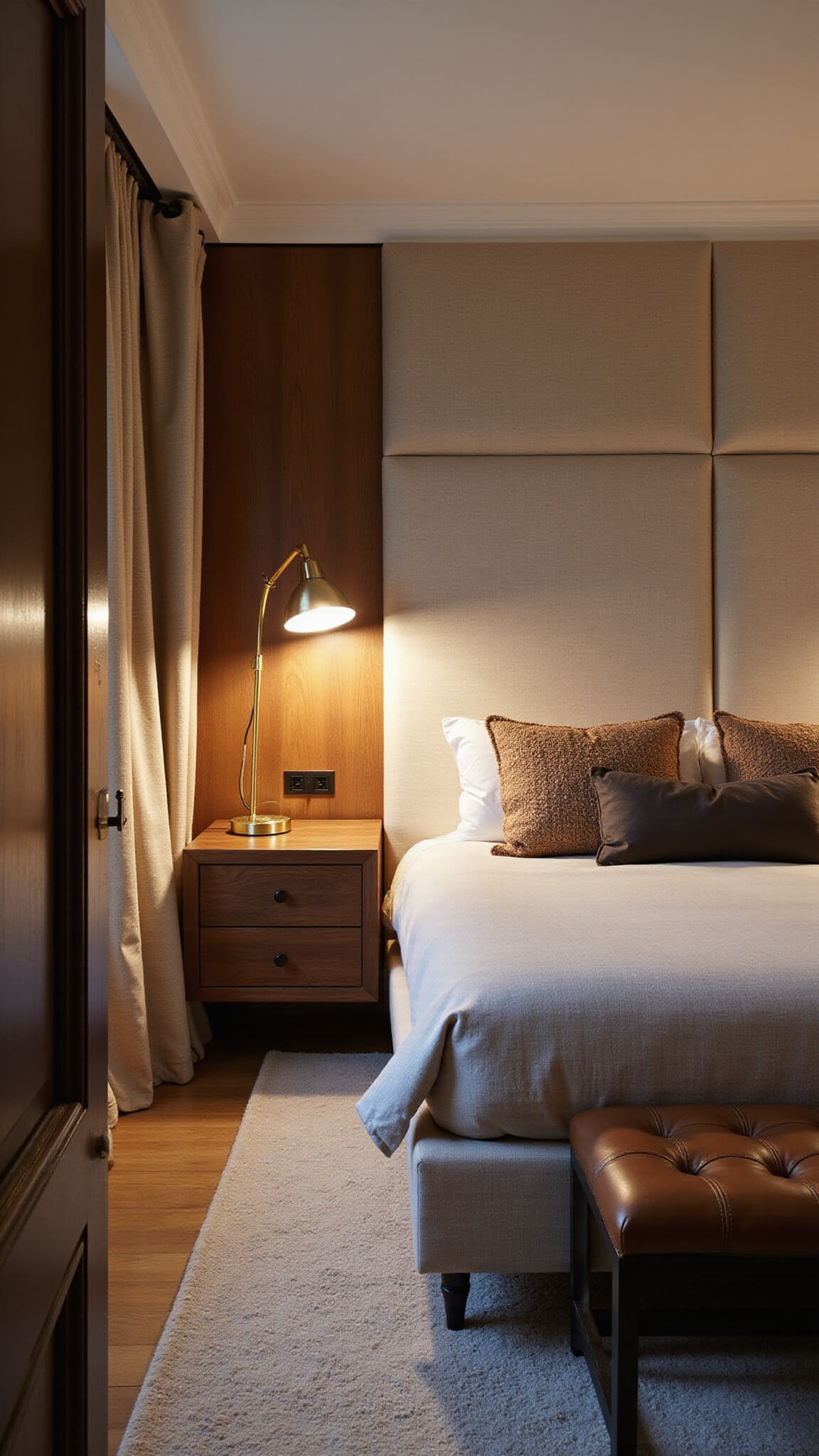 Cozy 12x14ft bedroom at twilight with mood lighting, upholstered linen headboard wall, floating walnut nightstands with LED lights, vintage Grasshopper lamp, silk drapes, wool carpet, leather bench, and brass accents in rich earth tones.