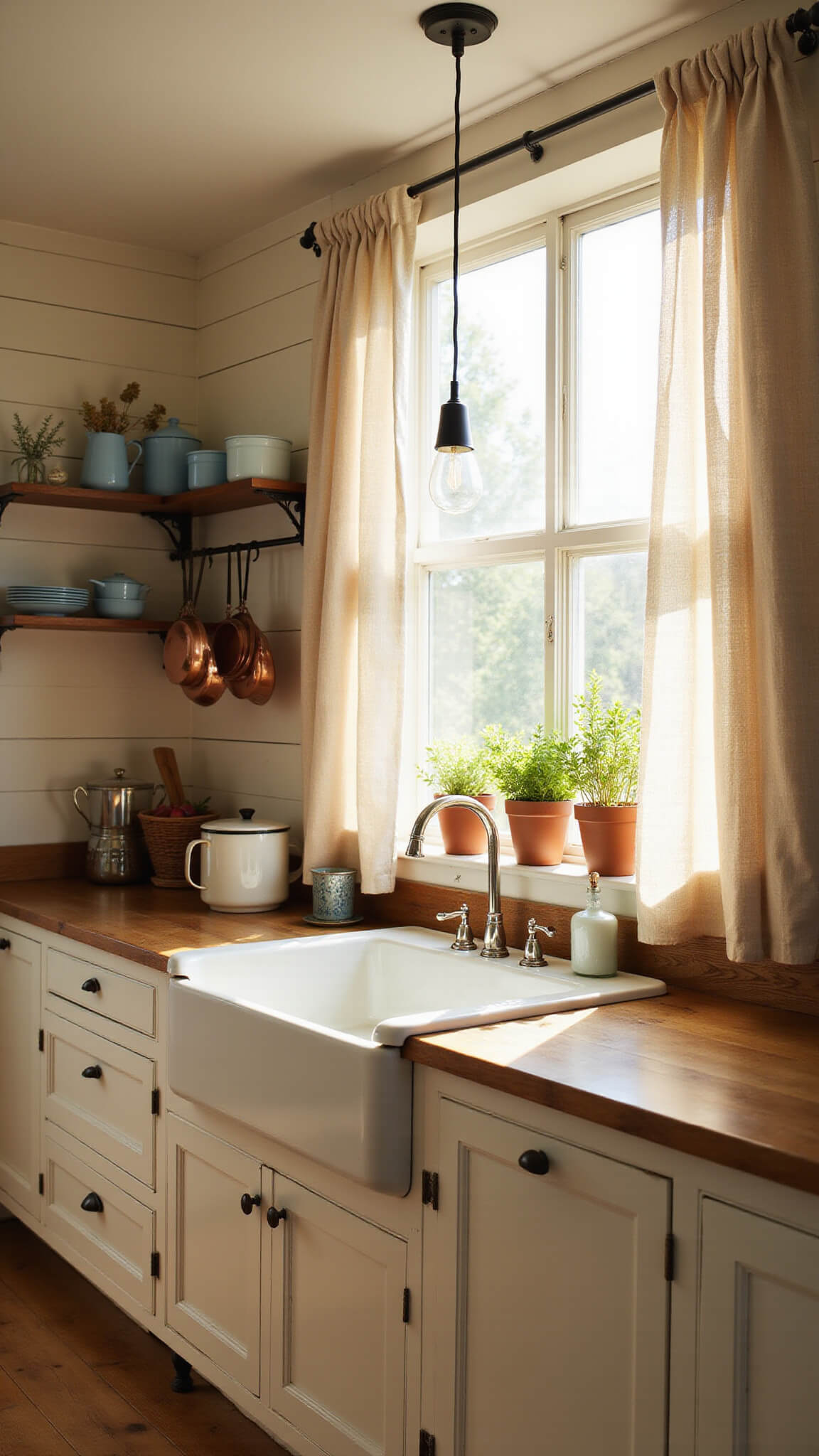Golden hour light fills a cozy farmhouse kitchen with wide oak floors, cream shiplap walls, vintage sink under a window with linen cafe curtains, open shelves displaying enamelware, and copper pots glowing in soft focus.