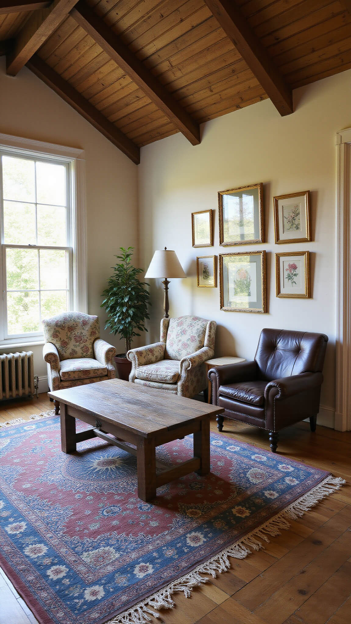Cozy 12x14ft living room at dusk with cathedral ceiling, exposed beams, vintage armchairs, oak coffee table, layered rugs, and botanical print gallery wall.