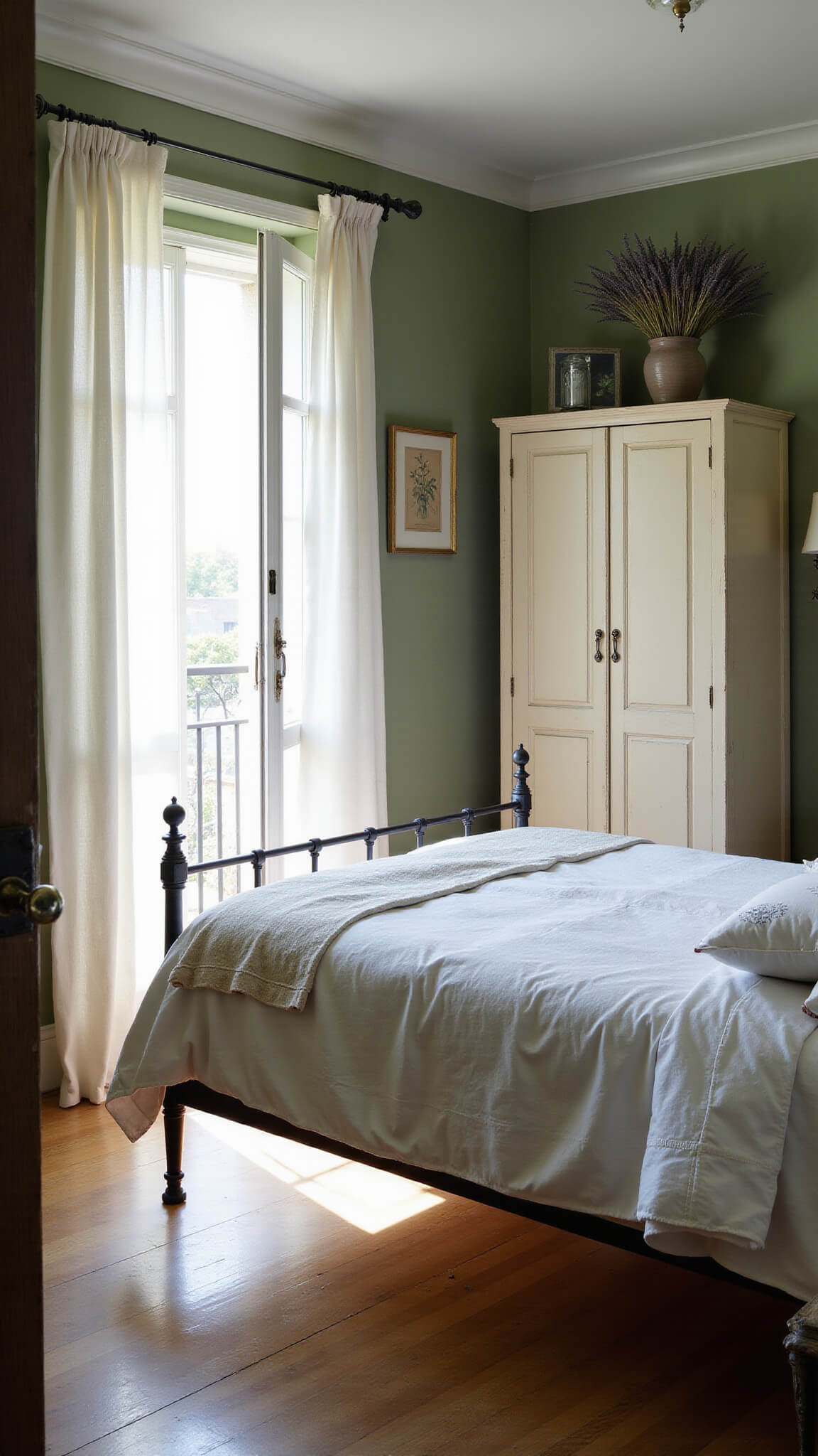 Cozy sunlit bedroom with gauzy curtains billowing through open French doors, vintage décor, and a wrought iron bed layered in white linens and quilts.