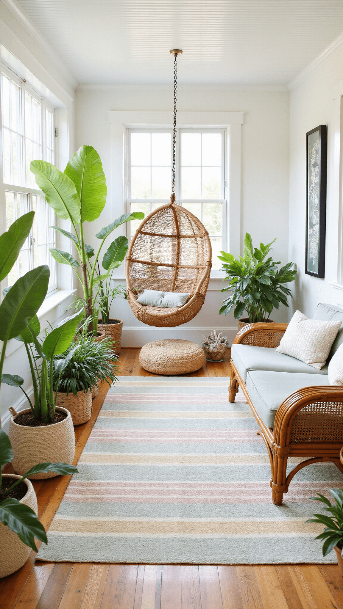 Bright sunroom with rattan hanging chair, vintage bamboo furniture, tropical plants, and layered striped rugs in neutral tones.