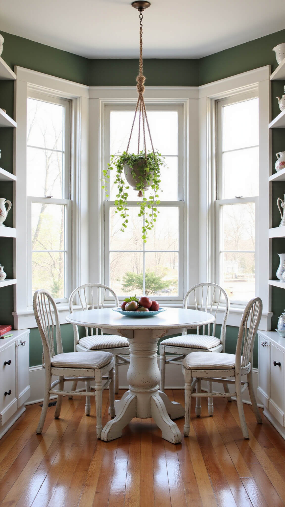 Breakfast nook with round white table, vintage chairs, bay windows, morning light, hanging ivy plant, and shelves with ironstone pitchers.
