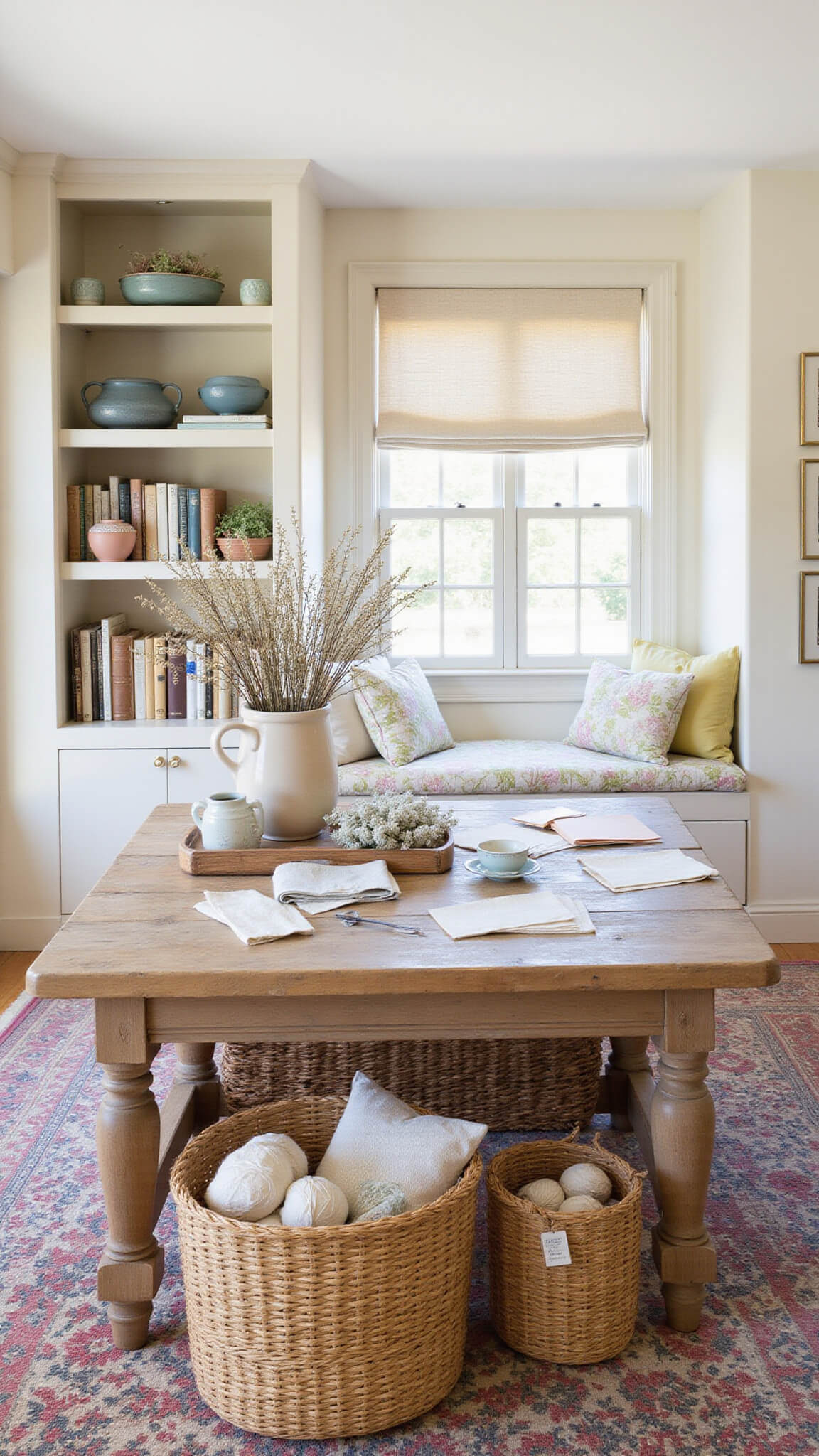 Serene 16x18ft craft room with built-in cream bookshelves, farmhouse table with fabric samples and dried flowers, wicker baskets of pastel yarn, and a window seat with quilted cushions, viewed from above.