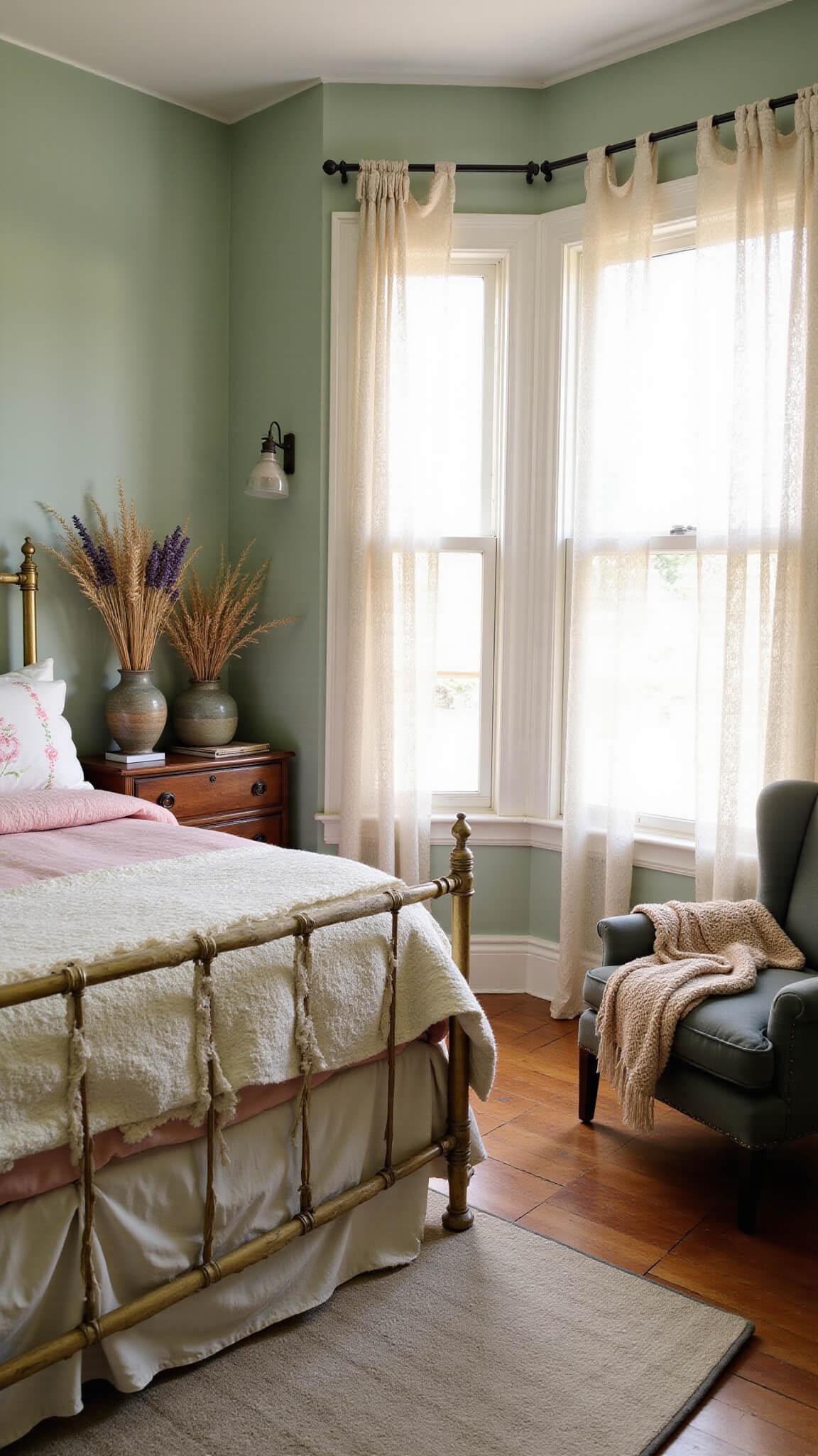 Cozy sunlit bedroom with sage green walls, vintage brass bed, lace curtains, and velvet reading nook chair.