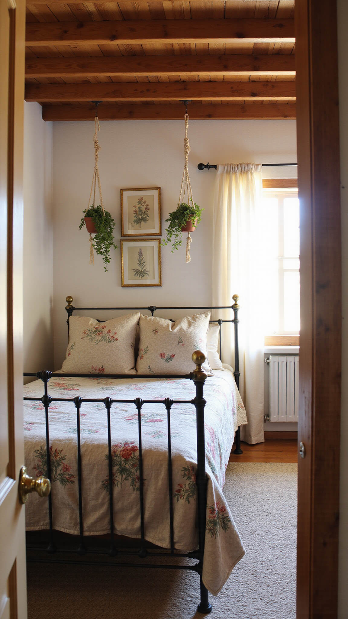 Cozy 12x14ft bedroom with exposed wooden beams, whitewashed walls, wrought-iron bed with vintage linens, botanical wall art, and hanging greenery bathed in golden hour light.