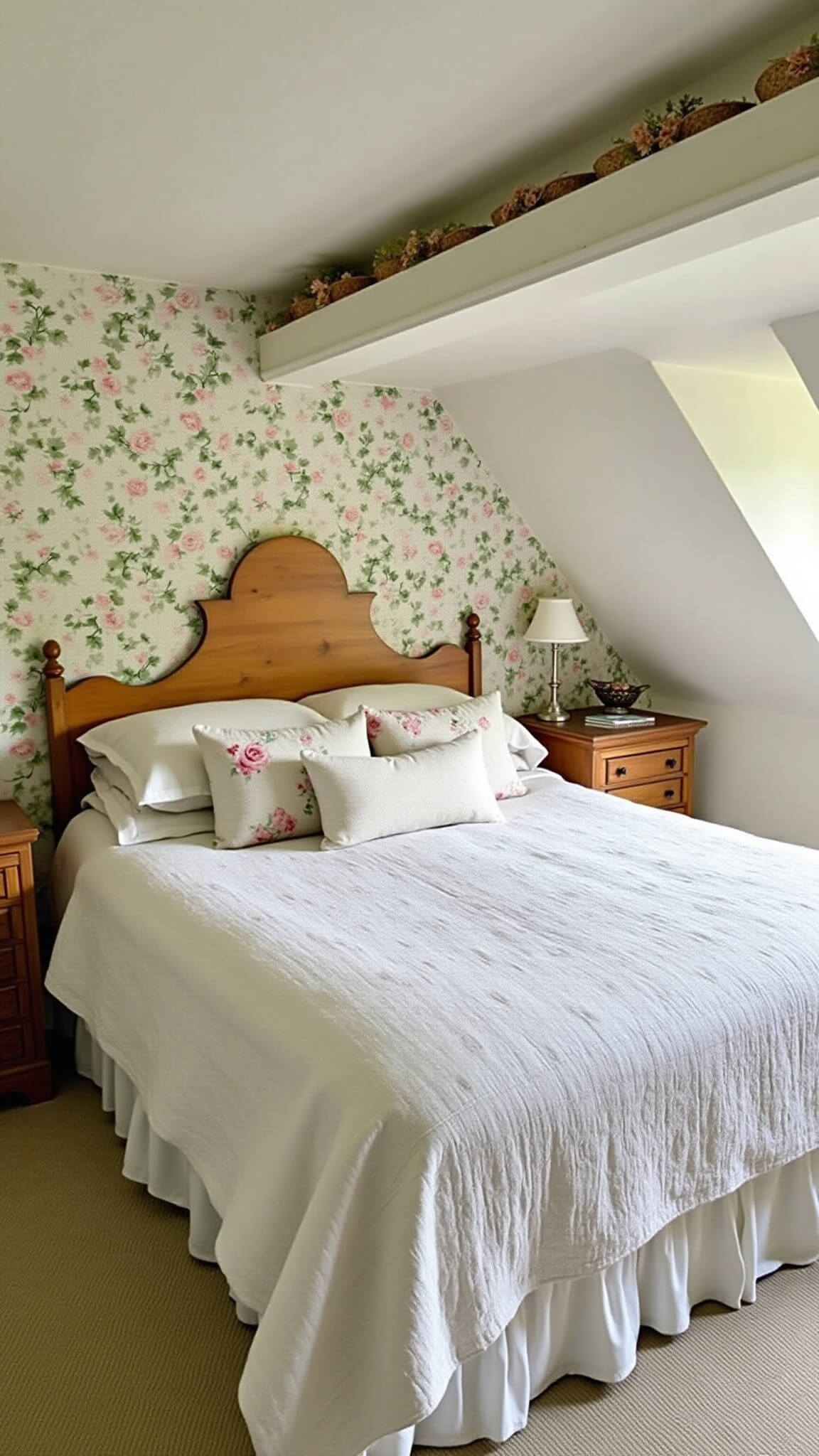 Cozy attic bedroom with sloped ceilings, antique pine bed, floral wallpaper, and dormer windows lit by afternoon sun.