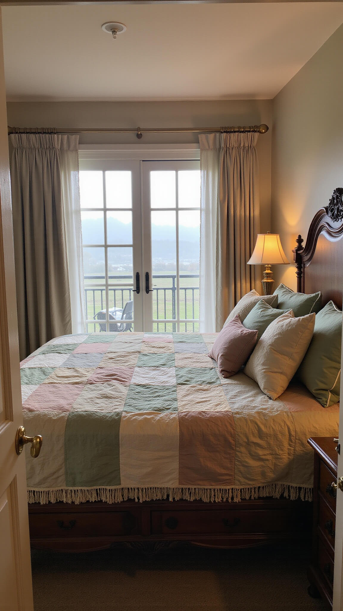 Spacious 16x18ft bedroom with misty morning light filtering through sheer curtains, highlighting a carved wooden bed with embroidered pillows and a patchwork quilt; view from the balcony doorway.