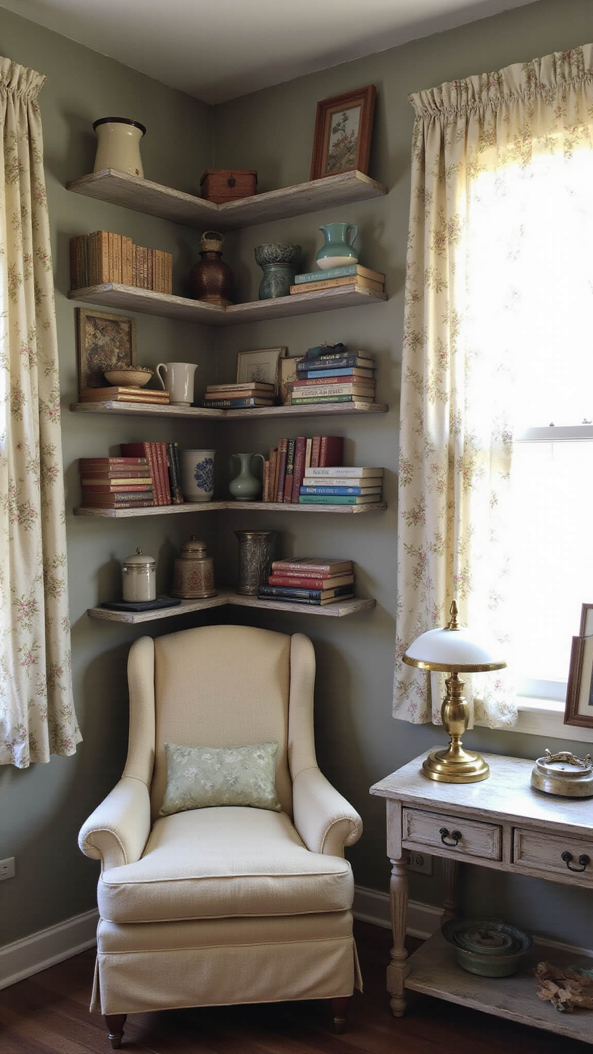 Cozy bedroom corner with window seat reading nook, botanical curtains, vintage books on weathered shelves, plush velvet armchair, and brass lamp on distressed side table.