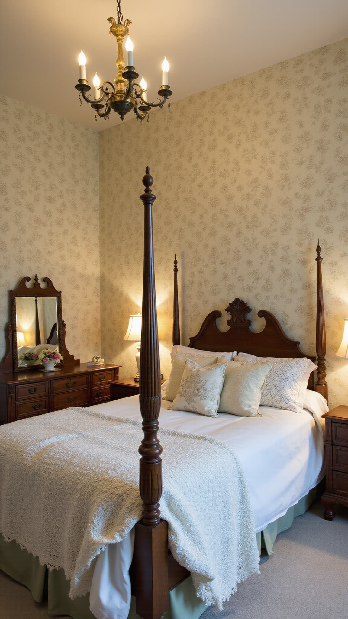Romantic vintage bedroom at dusk with tray ceiling, chandelier, rose-patterned wallpaper, four-poster bed, and antique vanity glowing in warm lamplight.