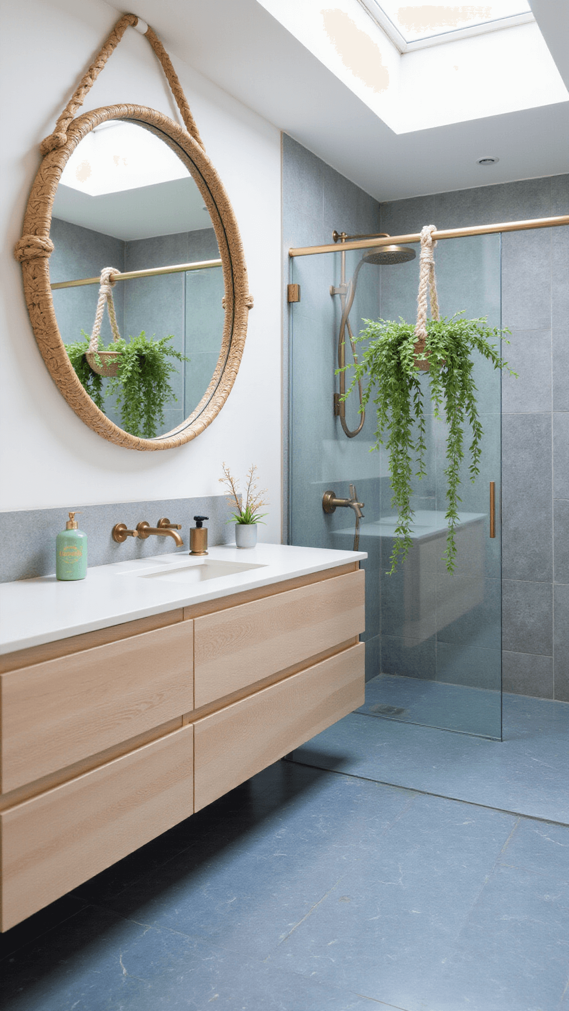 Modern 8x10ft coastal bathroom with ocean blue geometric cement tiles, bleached oak floating vanity, circular rattan mirror, brass fixtures, textured glass shower, and macramé plant holders under skylight.