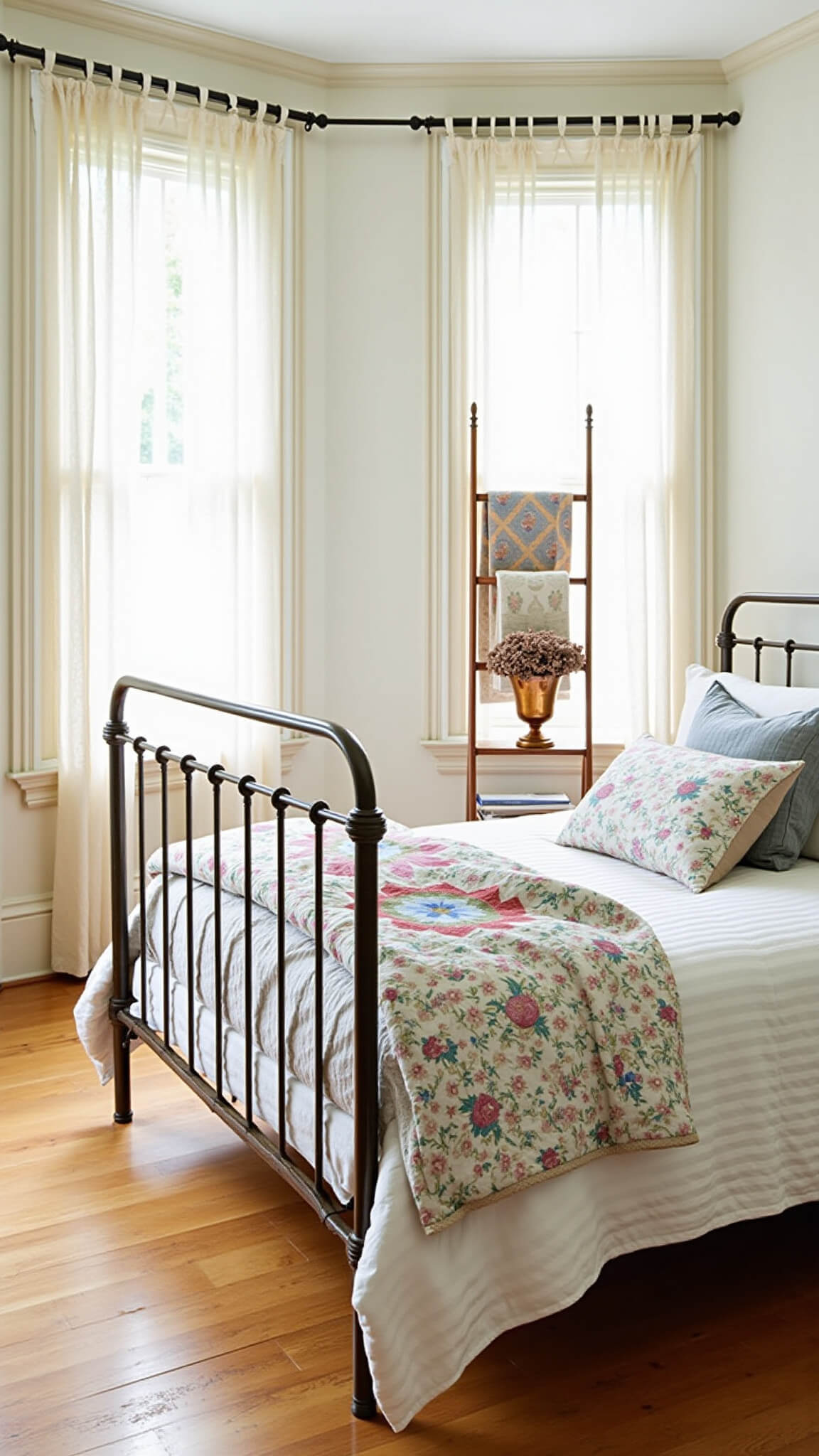 Sunlit vintage bedroom with brass bed, floral quilts, hardwood floors, and dried hydrangeas in copper vases.