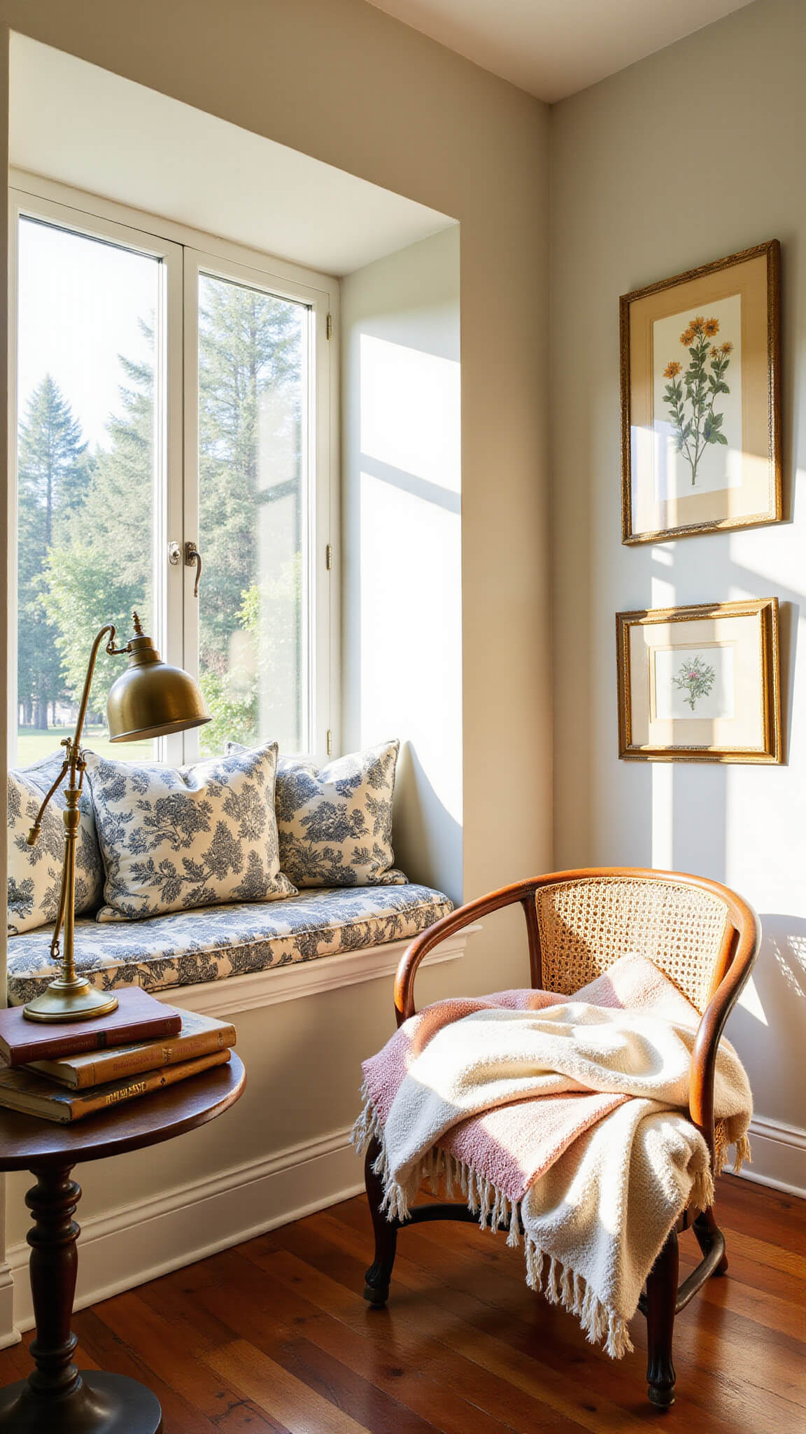 Cozy vintage reading nook bathed in golden hour light with a cushioned window seat, stacked leather-bound books, brass lamp, antique rattan chair with throw blankets, and a gallery wall of framed pressed flowers.