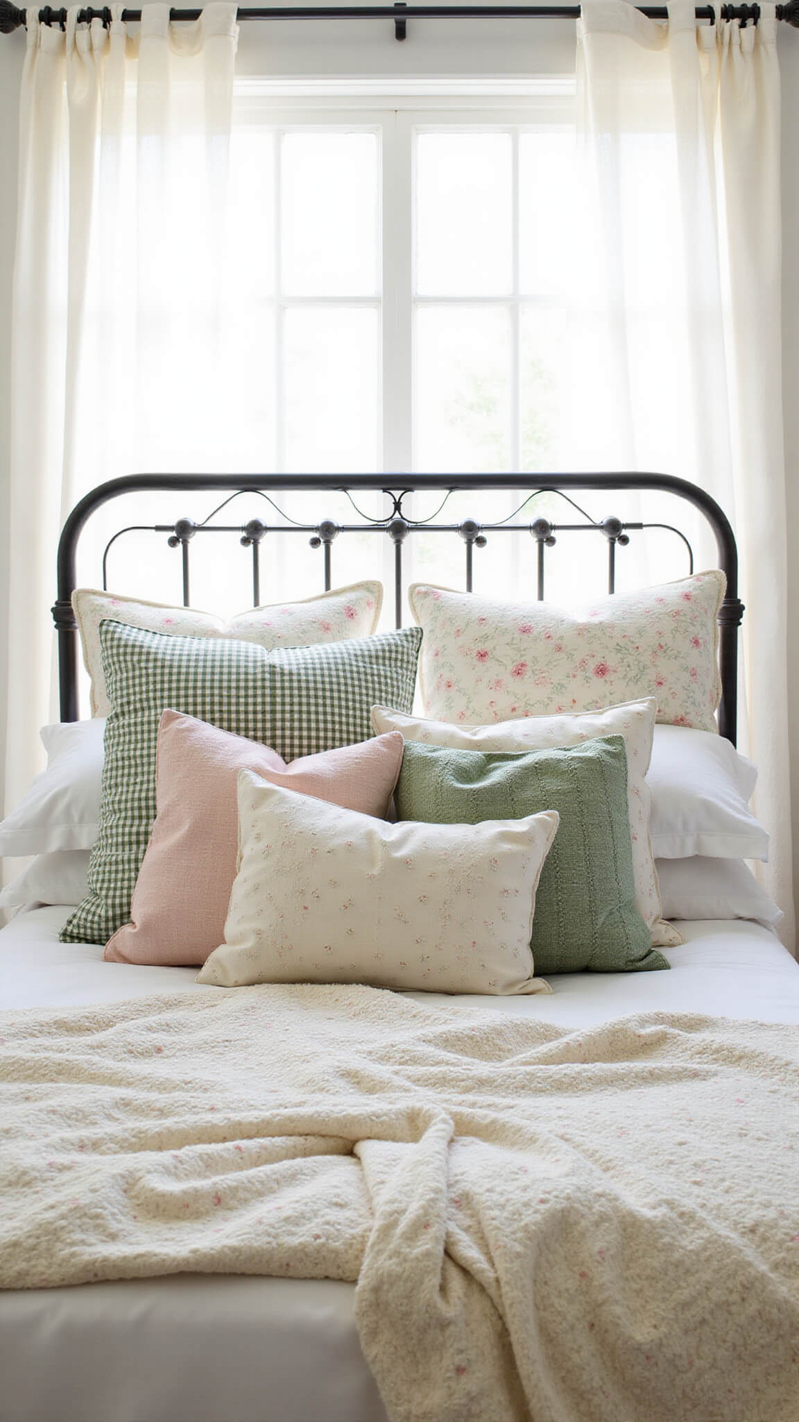 Detail shot of a cozy canopy bed with sheer cotton drapes, vintage-patterned pillows, hand-stitched quilts, and cable knit throws in soft natural light.