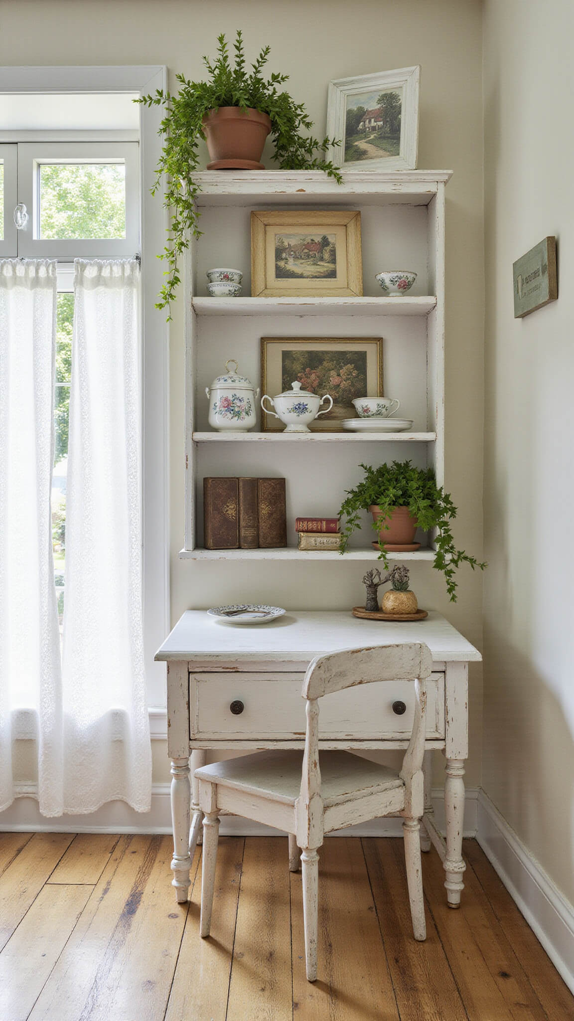 Garden-themed corner with whitewashed shelves holding vintage teacups, pressed botanicals, and old garden books; ivy in terracotta pots trails down beside a cottage painting above a small writing desk, all bathed in morning light filtering through lace curtains.