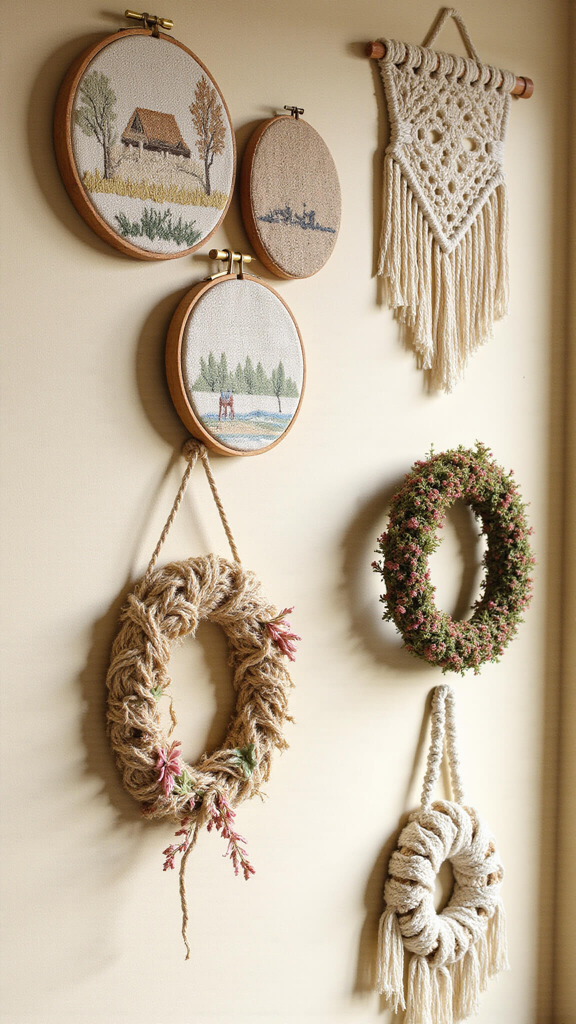 Vintage textile wall art with embroidery hoops, macramé, and dried flower wreaths on cream shiplap in warm side lighting.