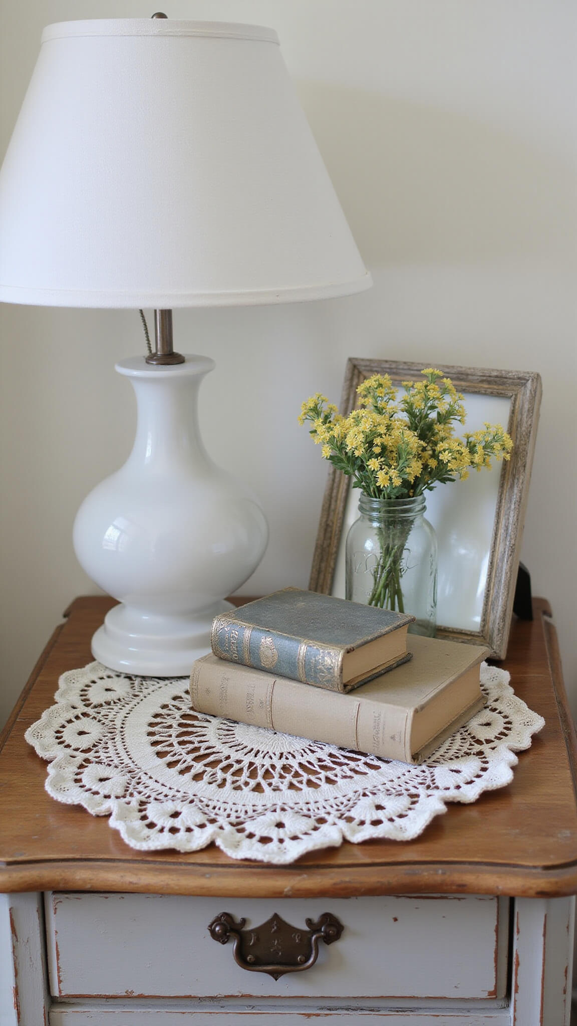 Close-up of a vintage nightstand with a crocheted doily, milk glass lamp, tarnished silver photo frames, vintage books, and wildflowers in a mason jar.